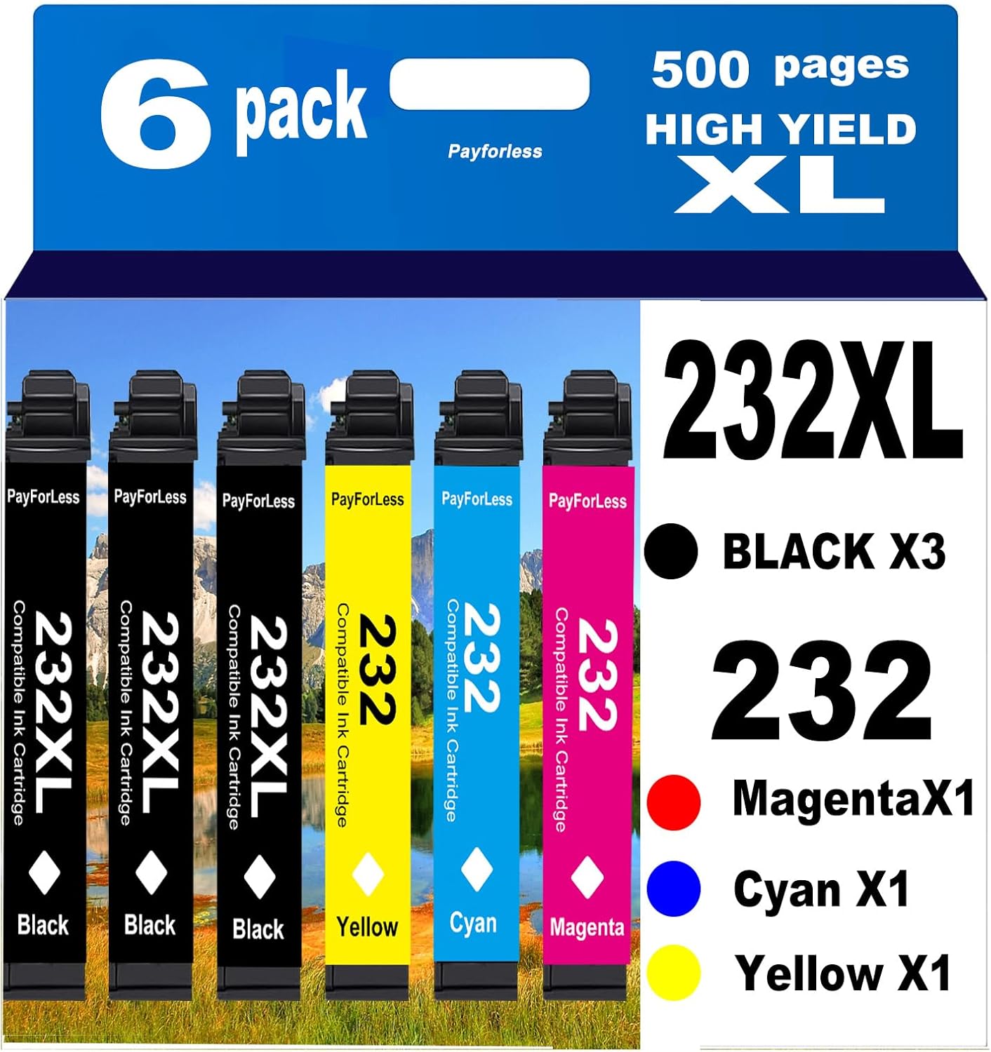 232XL Remanufactured for Epson 232XL Ink Cartridges Combo Pack 232XL T232 XL for XP-4200 XP-4205 Workforce WF-2930 WF-2950 Printer 6 Pack 3 Black 1 Cyan 1 Magenta 1 Yellow