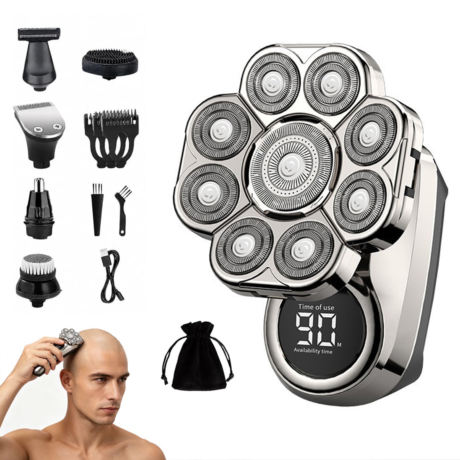 Rasoio elettrico per la testa BAWLDY 9.0 Ultra per uomo (B) | Rasoio rotante flottante 9D con design impermeabile IPX7, rifinitore elettrico 6 in 1 per uso a secco e bagnato