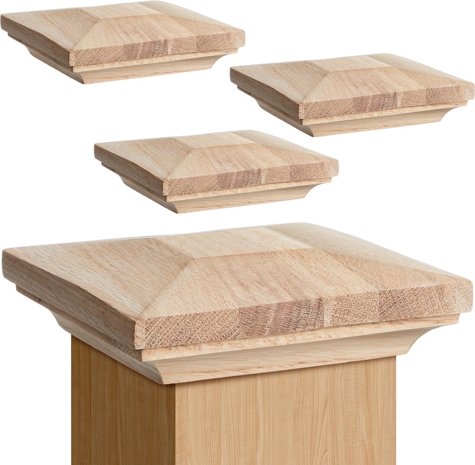 Sasylvia 4 Pack 3.5" x 3.5" Wood Newel Post Cap Fence Post Caps White Oak Mounting Kit for Indoor Stair Outdoor Fences Mailboxes Decks