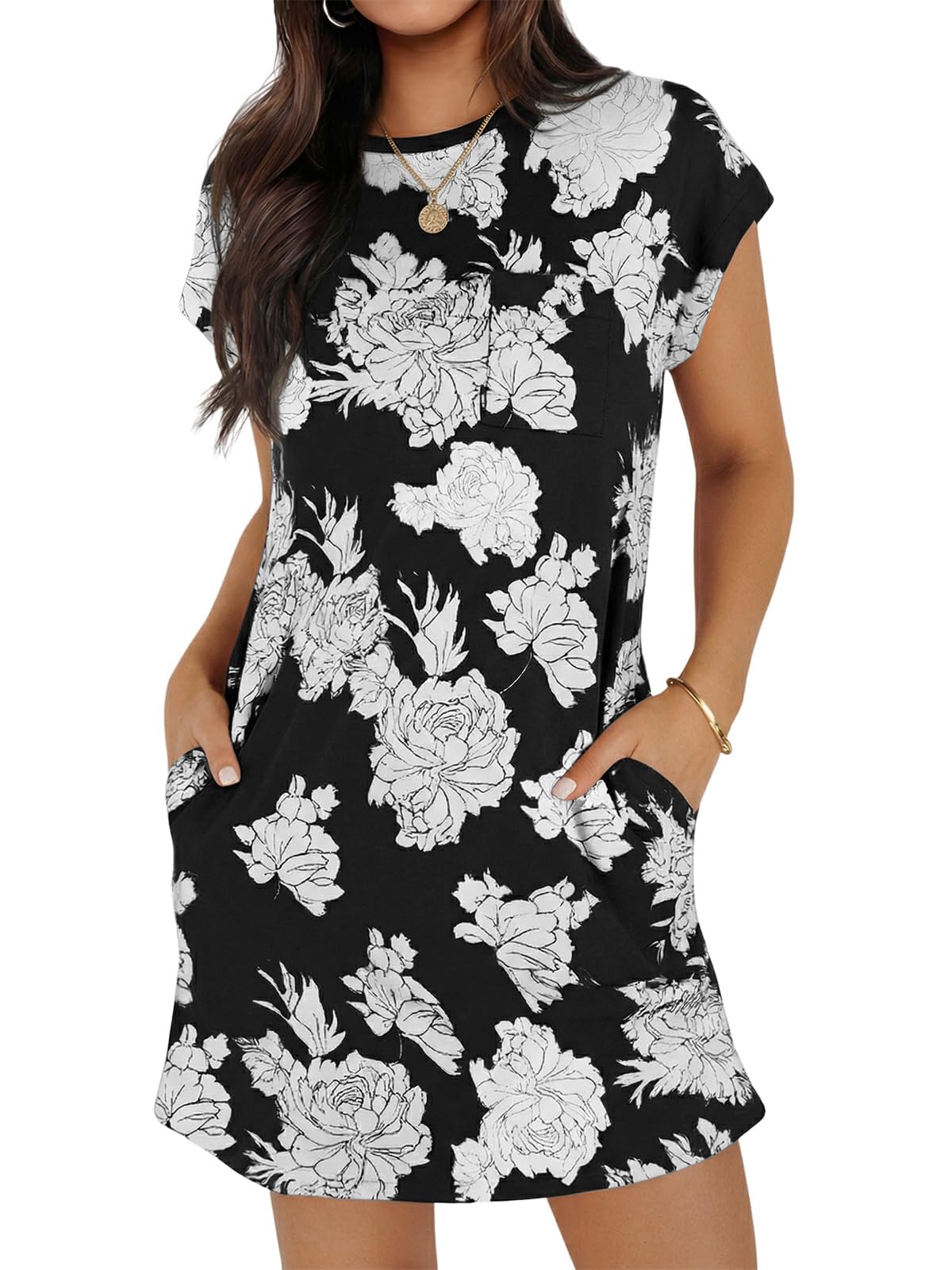 Wenrine Womens Summer T Shirt Dress Casual Short Sleeve Crewneck Loose Fit Mini Dresses with Pockets