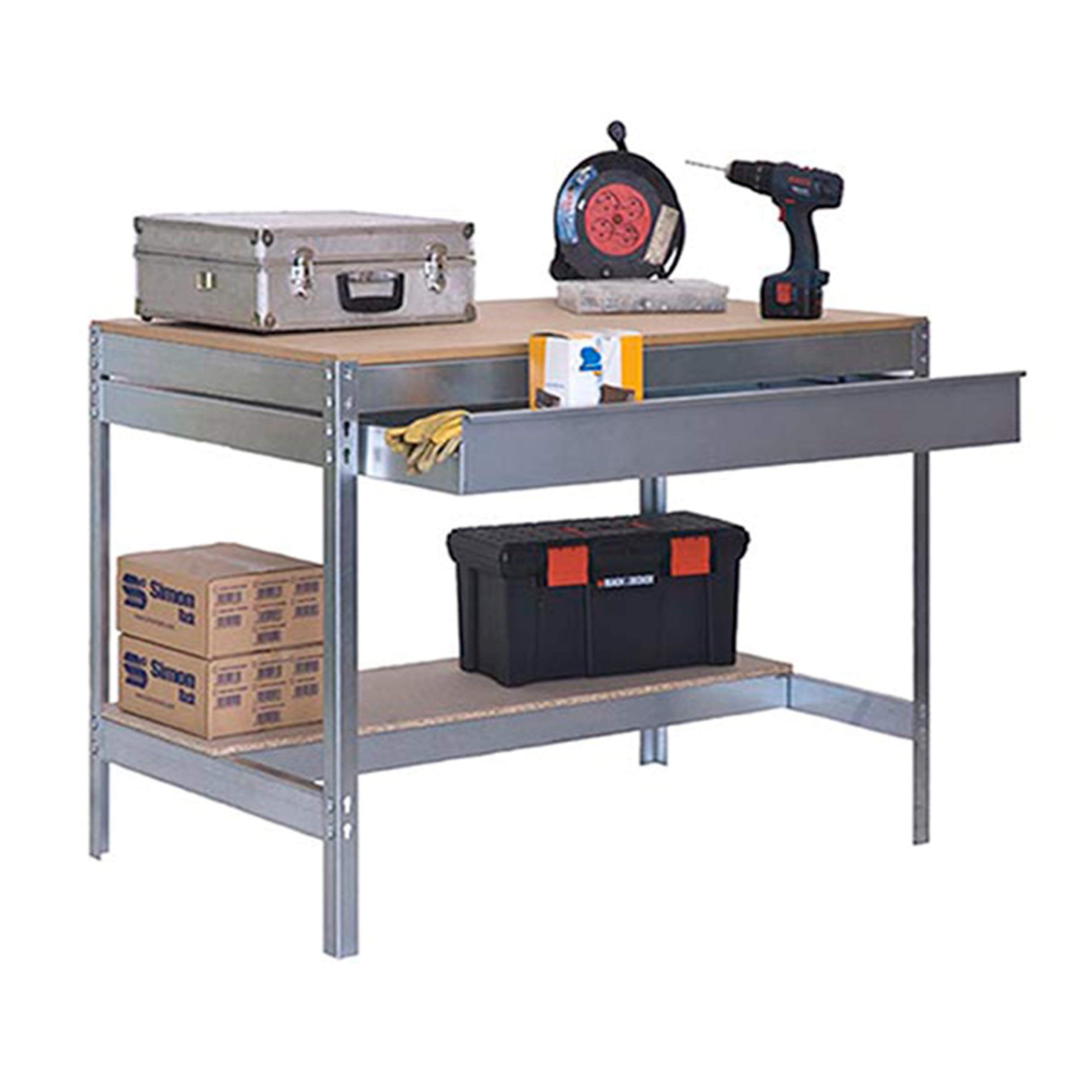 Simon Rack Mesa de Trabajo Taller, 400 kg Capacidad Carga, 842x910x610 mm, 1 Cajón, Galva/​Madera - BT0