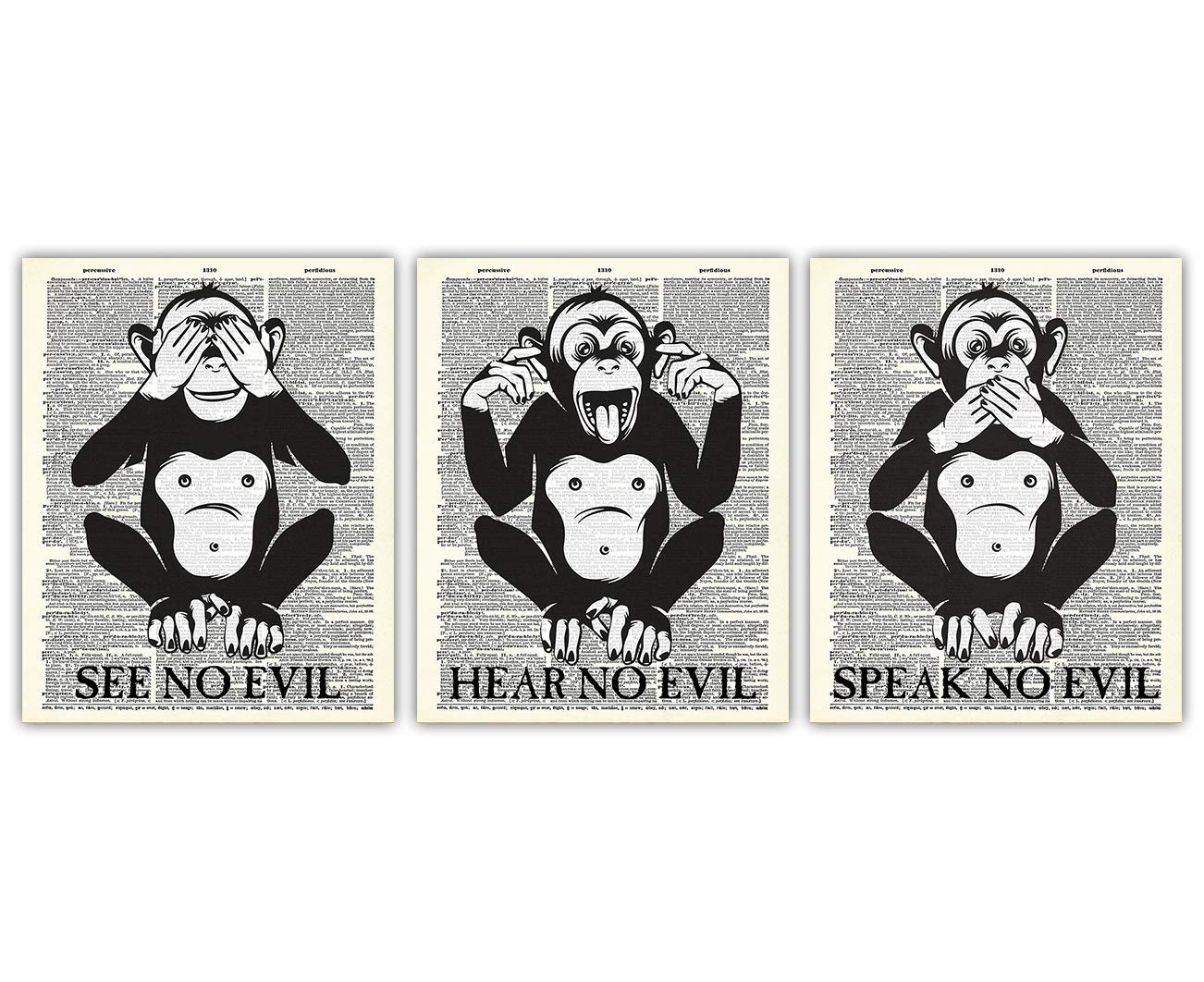 Buzz Unplugged 3 Wise Monkeys Dictionary Wall Art Prints: Unique Room Decor for Boys, Men, Girls & Women - Set of Three (8x10) Unframed Pictures