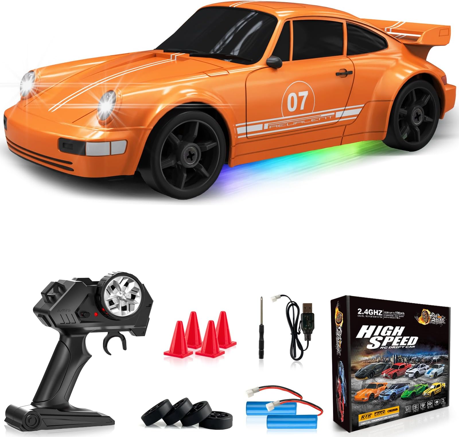 Remote Control Car RC Drift Car 2.4GHz 1:24 4WD 15KM/H High Speed Racing Sport Car with LED Lights Drifting Tire Racing Sport Toy for Adults Boys Girls Kids Gift 2Pcs Rechargeable Batteries