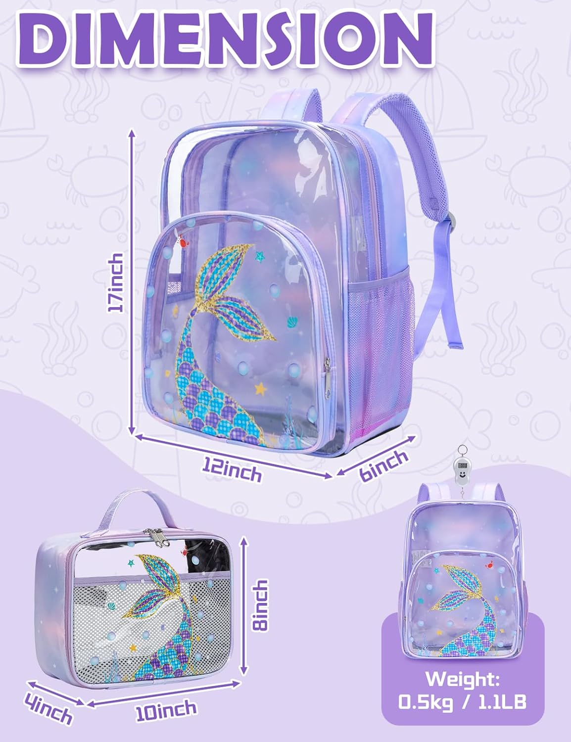 BLUEFAIRY Clear Backpack for School with Lunch Box for Kids Boys Girls Large PVC See Through Bookbag and Lunch Bag for Elementary 17 Inch Heavy Duty Transparent Bags for Stadium (Tail, Light Purple) - Image 2