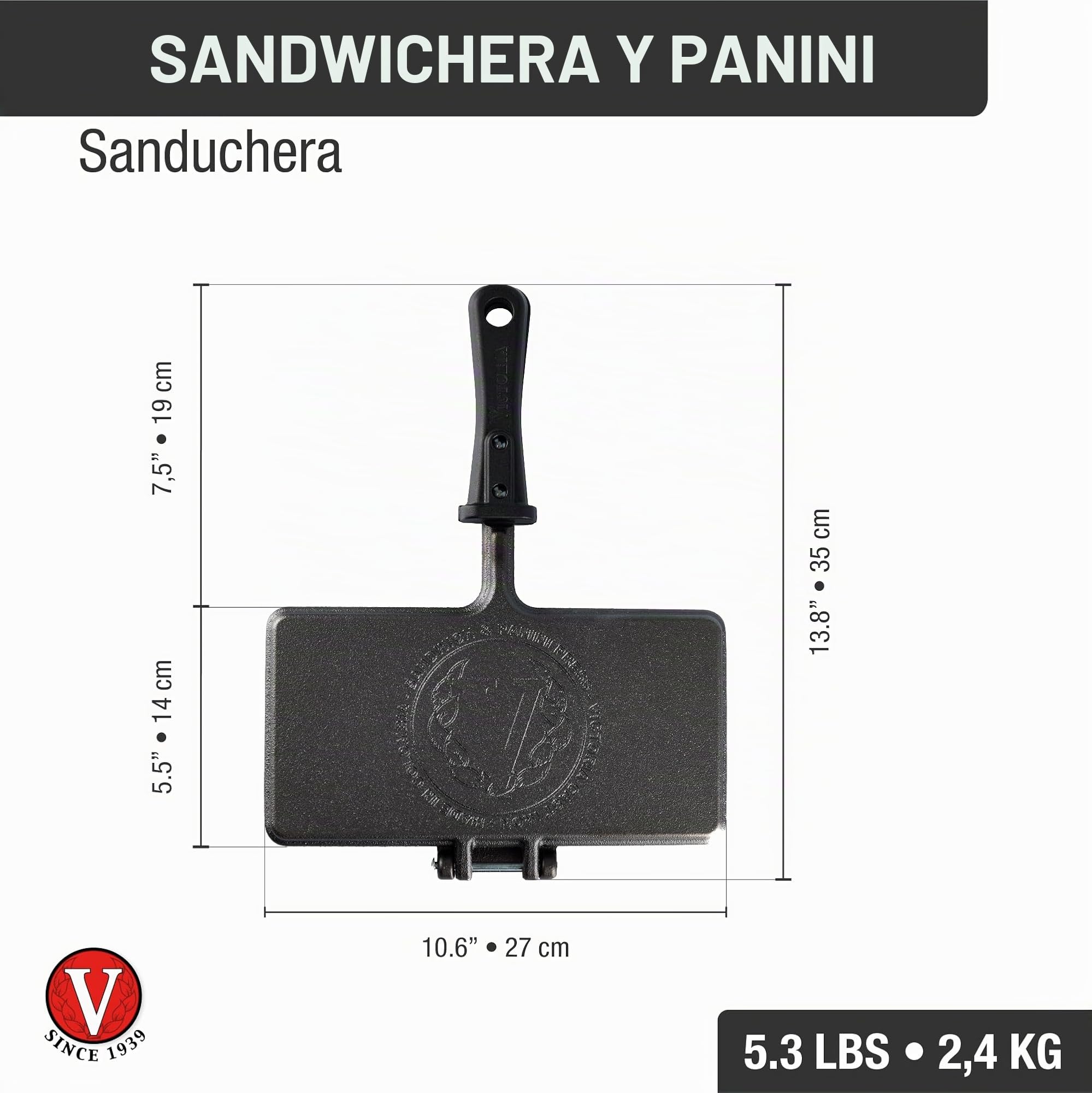 VICTORIA Sandwichera Hierro Fundido Curado 27x14 cm, Sartén para Sandwich Doble Cara, Tostadora Panini Maker, Cast Iron Curada para Crear Antiadherente Libre de Tóxicos sin PFOA