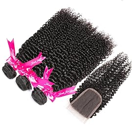 Hermosa Kinky Curly Human Hair Bundles with Closure Grade 10A Virgin Unprocessed Brazilian Curly Hair 3 Bundles with Closure Free Part(14 16 18 with 12 closure)