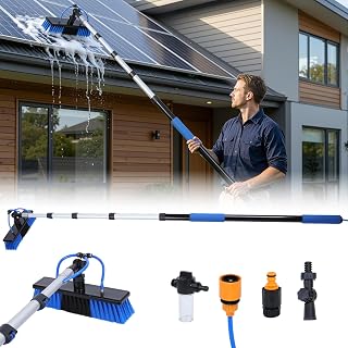 15/20FT Telescopic Solar Panel Cleaning Kit with Hose Attachment, 180-degree Rotating Soft Brush & Soap Dispenser, Lightweight Aluminum Pole for Snow Removal, Windows, Boats, RVs, Decks L