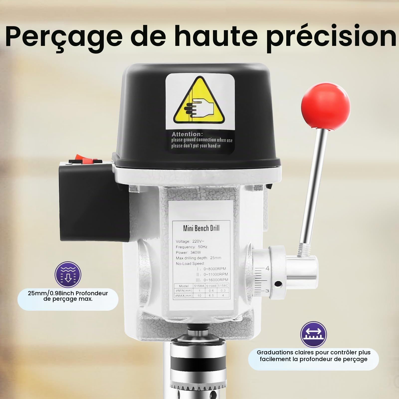 Perceuse de table professionnelle, 340 W, 3 vitesses, perceuse à colonne, bois, métal, plastique, 17 x 17 x 38 cm