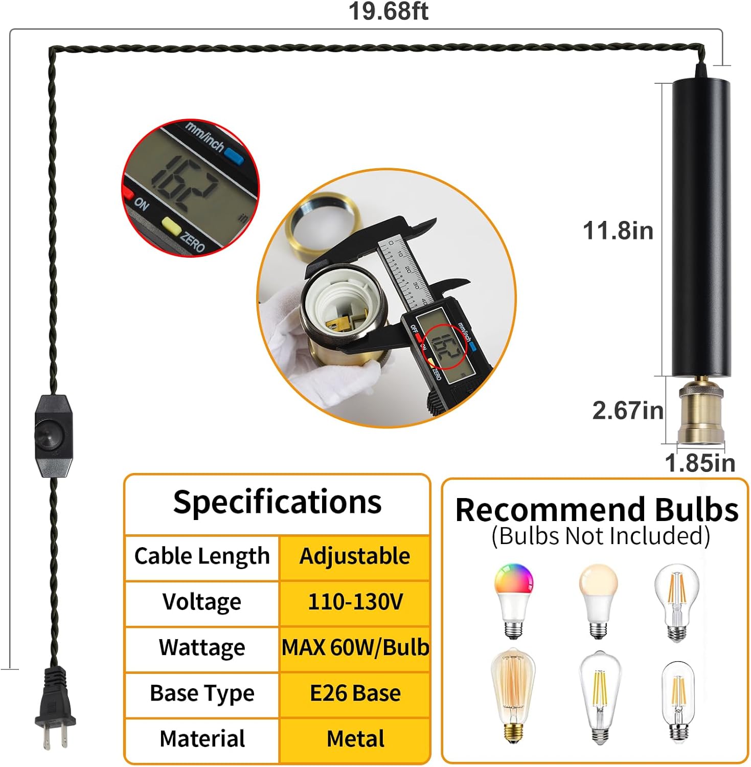 Plug-in Retro Black Wall-Mounted lamp with dimming Switch. 19.68-Foot Power Cord, Suitable for Kitchen Islands, Dining Rooms, corridors, bedrooms and Living Rooms.