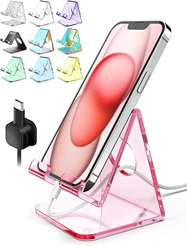 Acrylic Cell Phone Stand, Clear Phone Holder for Office Desk, Vanity, Kitchen Counter, Bedside Table, Compatible with iPhone 17 16 15 14 13 12 Pro Max Plus/Smartphones/iPad/Switch/KindlePink