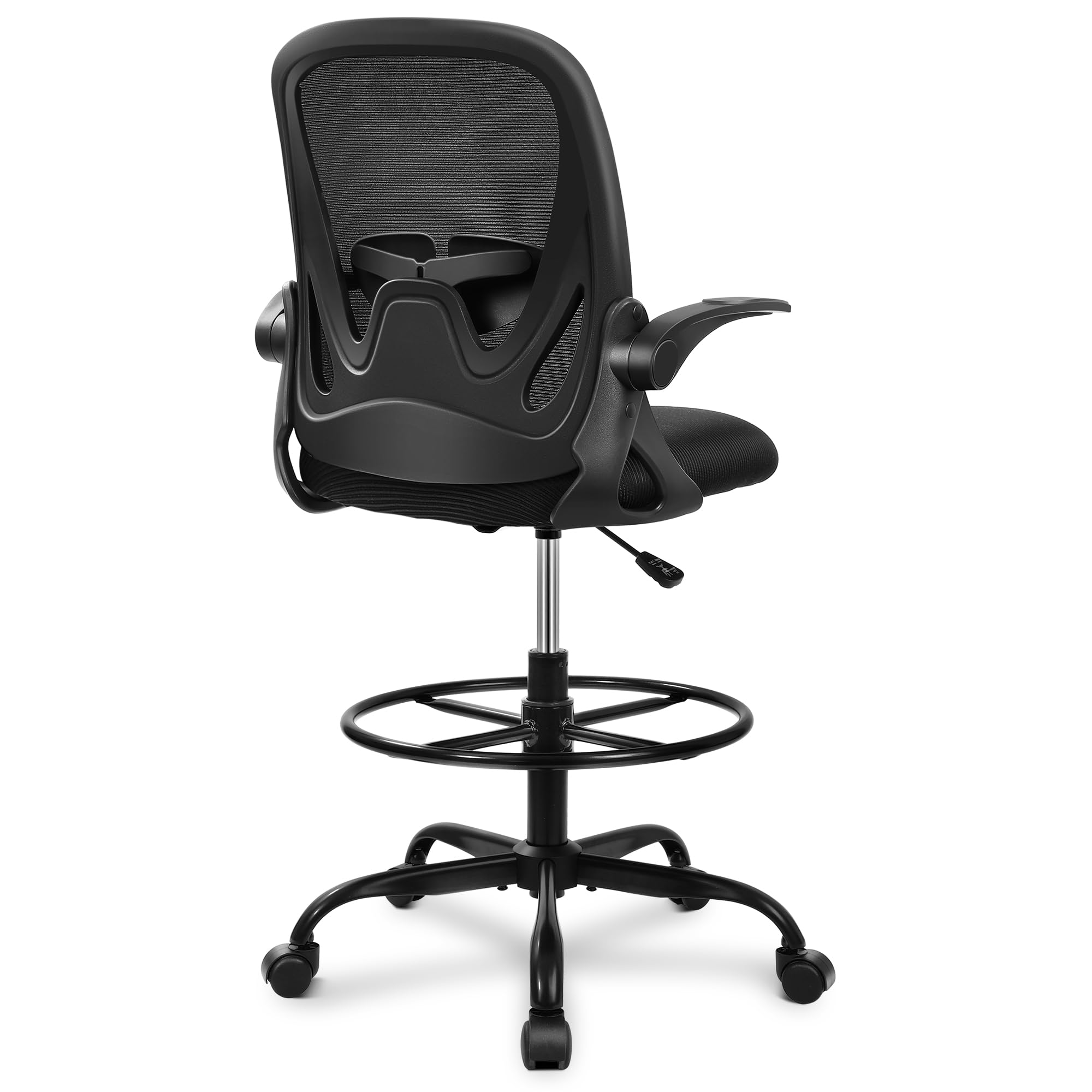 Drafting Chair Primy Tall Office Chair with Flip-up Armrests Executive Ergonomic Computer Standing Desk Chair with Lumbar Support and Adjustable Footrest Ring (Black)
