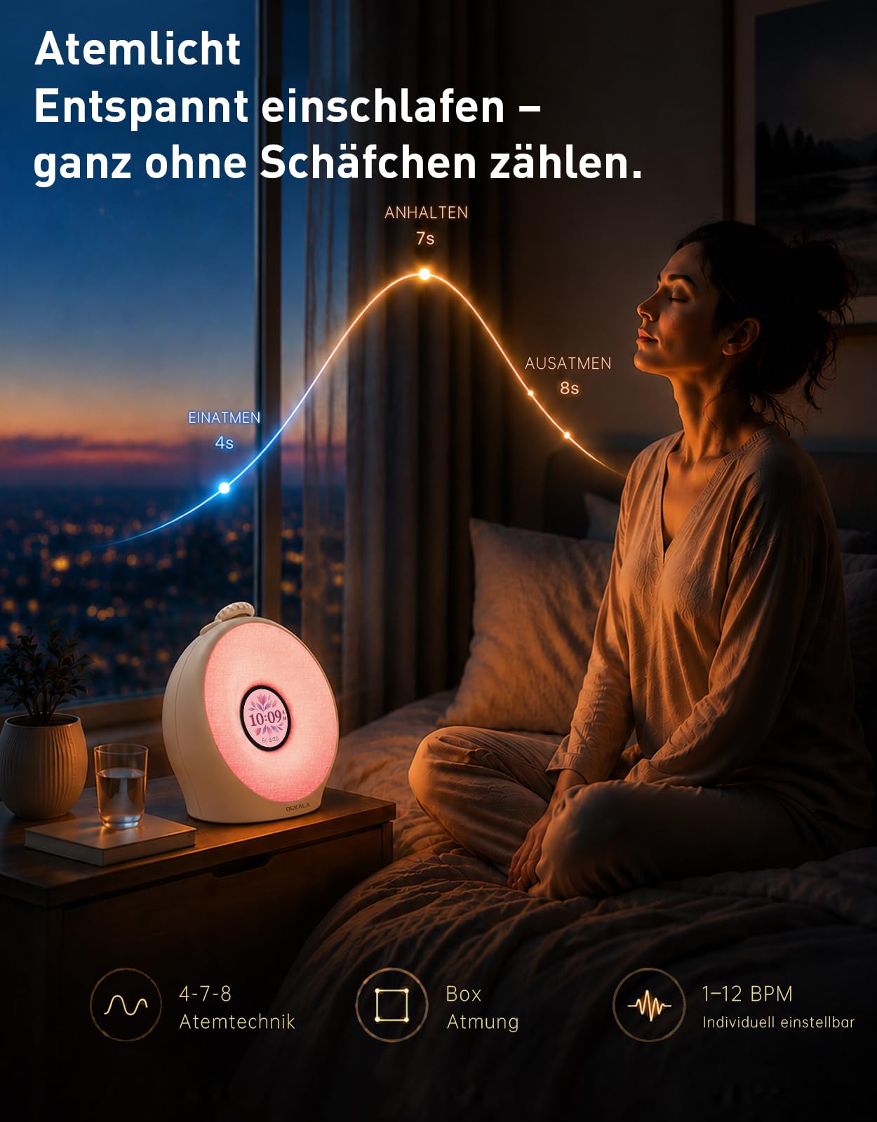 Dekala Tageslichtwecker für Tiefschläfer mit Pulse Wake 95 dB, Lichtwecker Sonnenaufgang & Sunset Sleep, Wake Up Light, 7 Display-Themen, Sound Machine, Atemlicht, 4 Alarme, Farbdisplay, Ohne App