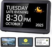Raynic 7-Inch Digital Calendar Clock: 12 Themes, 20 Alarms & Reminders, Auto Dimming & DST for Seniors, Office, Students - Black