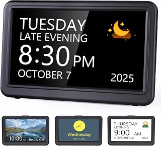 Raynic 7-Inch Digital Calendar Clock: 12 Themes, 20 Alarms & Reminders, Auto Dimming & DST for Seniors, Office, Students - Black