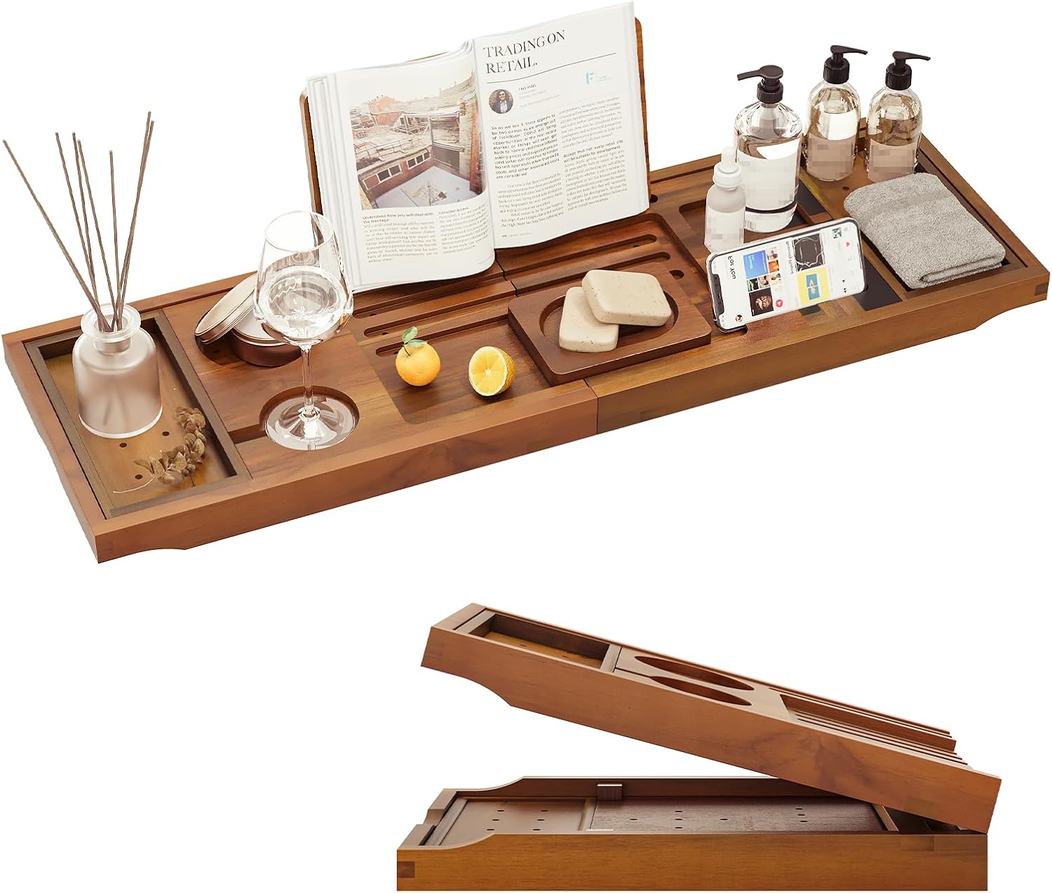Premium Foldable Teak Bathtub Tray, Expandable Bath Tray for Tub, Luxury Bathtub & Bathroom Accessories