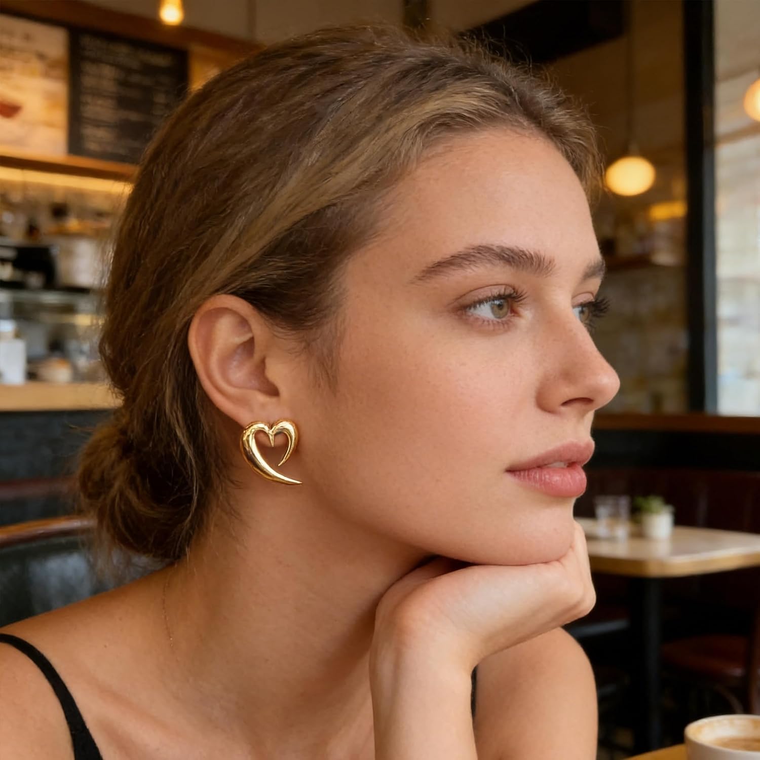 Geometric Heart Shaped Asymmetrical Earrings for Women - Gold Heart Hoop Earrings, Chunky Heart Earrings for Party, Daily Commute & Vacation - Image 3