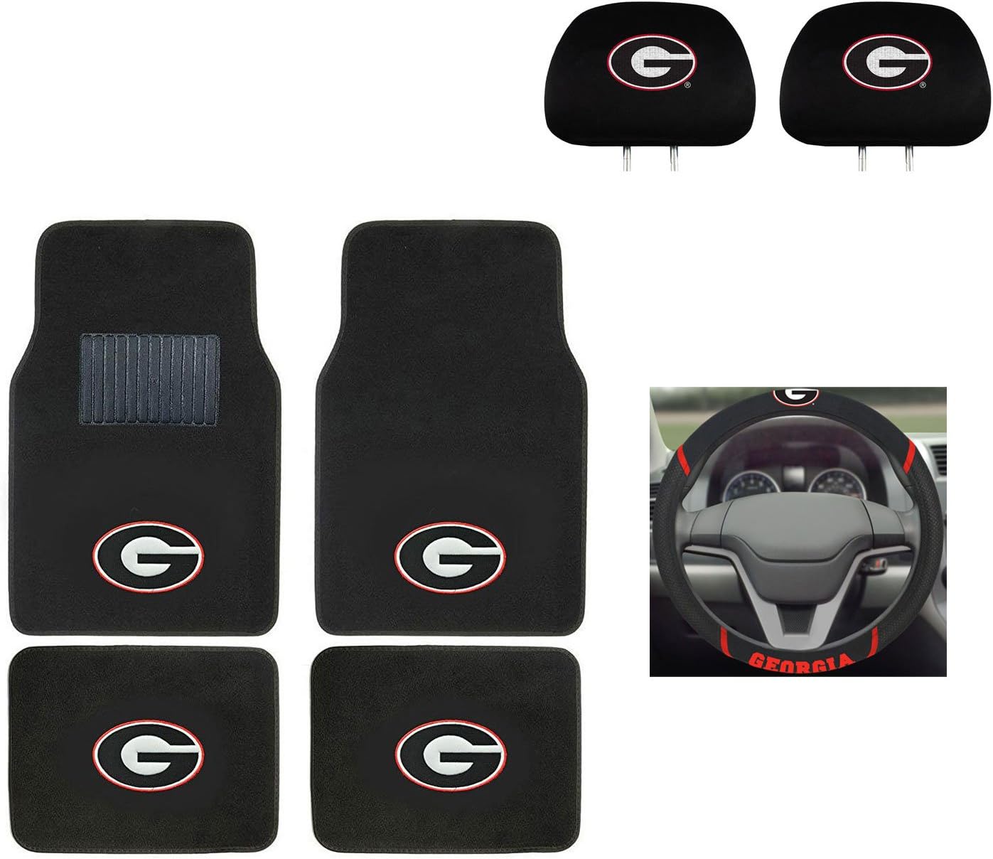 University of Georgia Automotive Gift Set.Wow! Logo On Front and Rear Auto Floor Liner. You get 2 Head Rest Cover 4 Floor Mat and 1 Wheel Cover in this gift set. Perfect to Georgia Bulldogs Fan