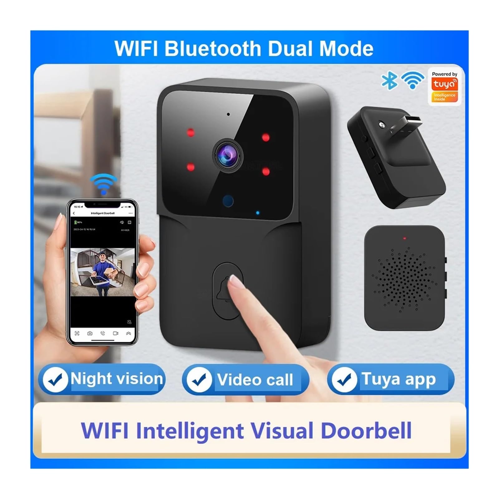 Funktioniert mit Tuya Wifi Türklingel Outdoor HD-Kamera Anti-Diebstahl (schwarz)