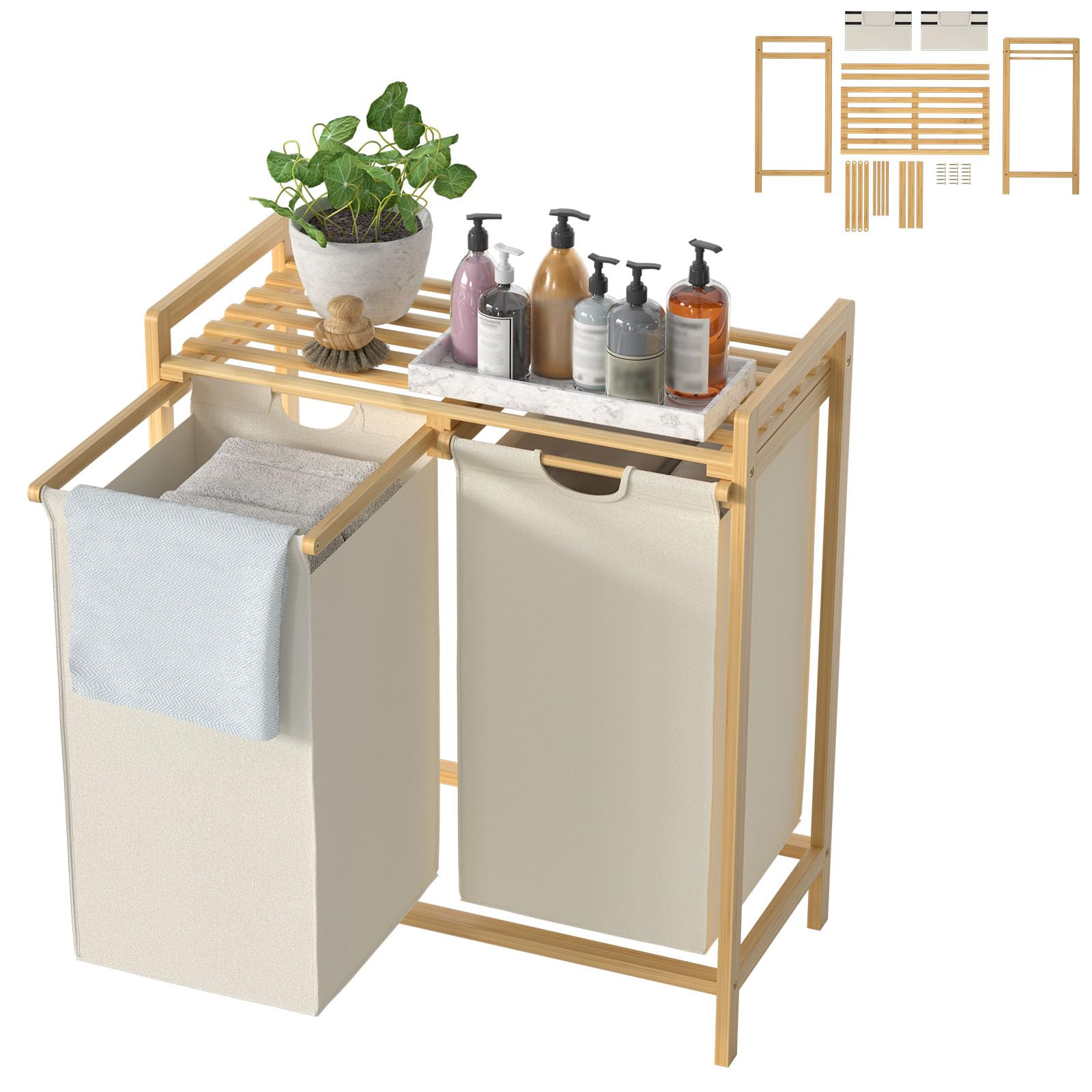UISEBRT Cesto portabiancheria in bambù con 2 scomparti, 72 l, in tessuto Oxford, sistema di stendibiancheria rimovibile e lavabile, 73 x 64 x 33,5 cm, beige