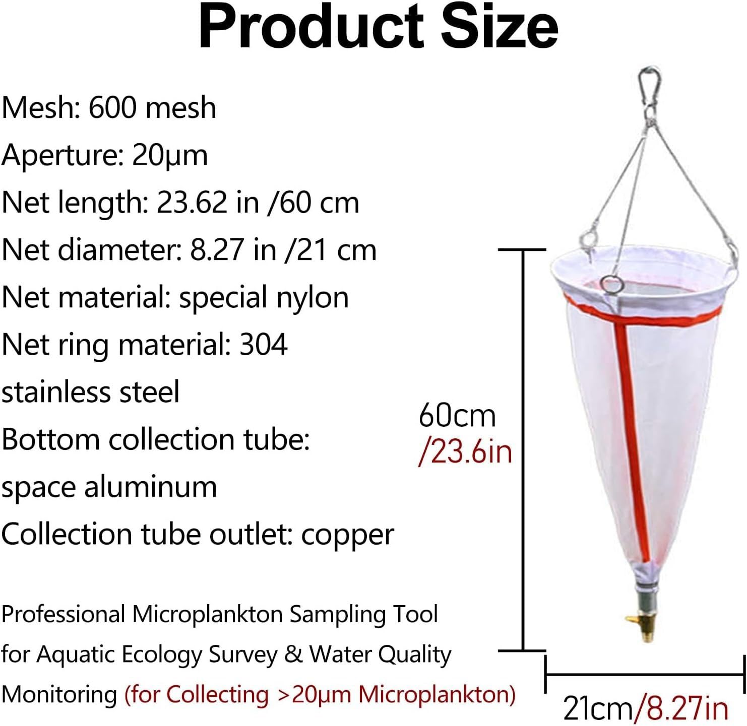 Red de plancton de malla fina para investigación acuática, 20-50 micras, incluye 5 metros de cuerda de algodón, ideal para muestreo de plancton al aire libre y colección de organismos marinos