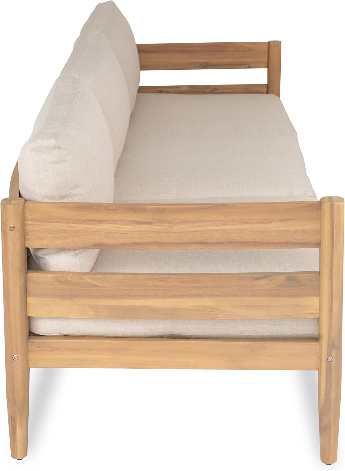 Christopher Knight Home Kavets 76.25'' W Outdoor 3 Seater Sofa with 5" Cushion, Acacia Wood Patio Sofa, Modern Slat Panel Bench, Spacious Seating Couch for Backyard Garden Porch, Light Teak+Beige