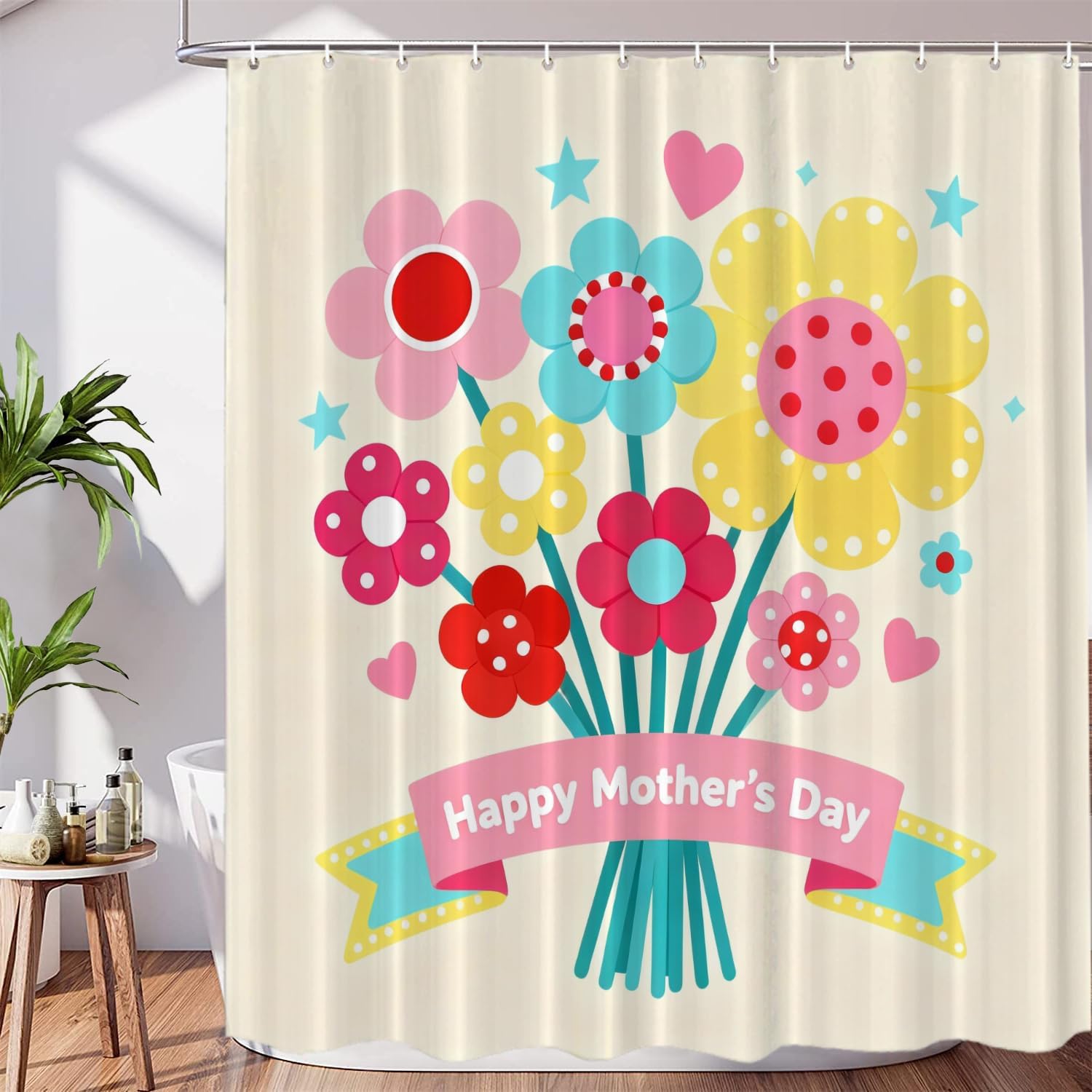 Happy Mother Day Decor Shower Curtain Set,Vintage Ribbon Banner and Retro Style Polyester Shower Curtain for Shower Stall Bathroom Waterproof with 12 Hooks 72x72 Inch