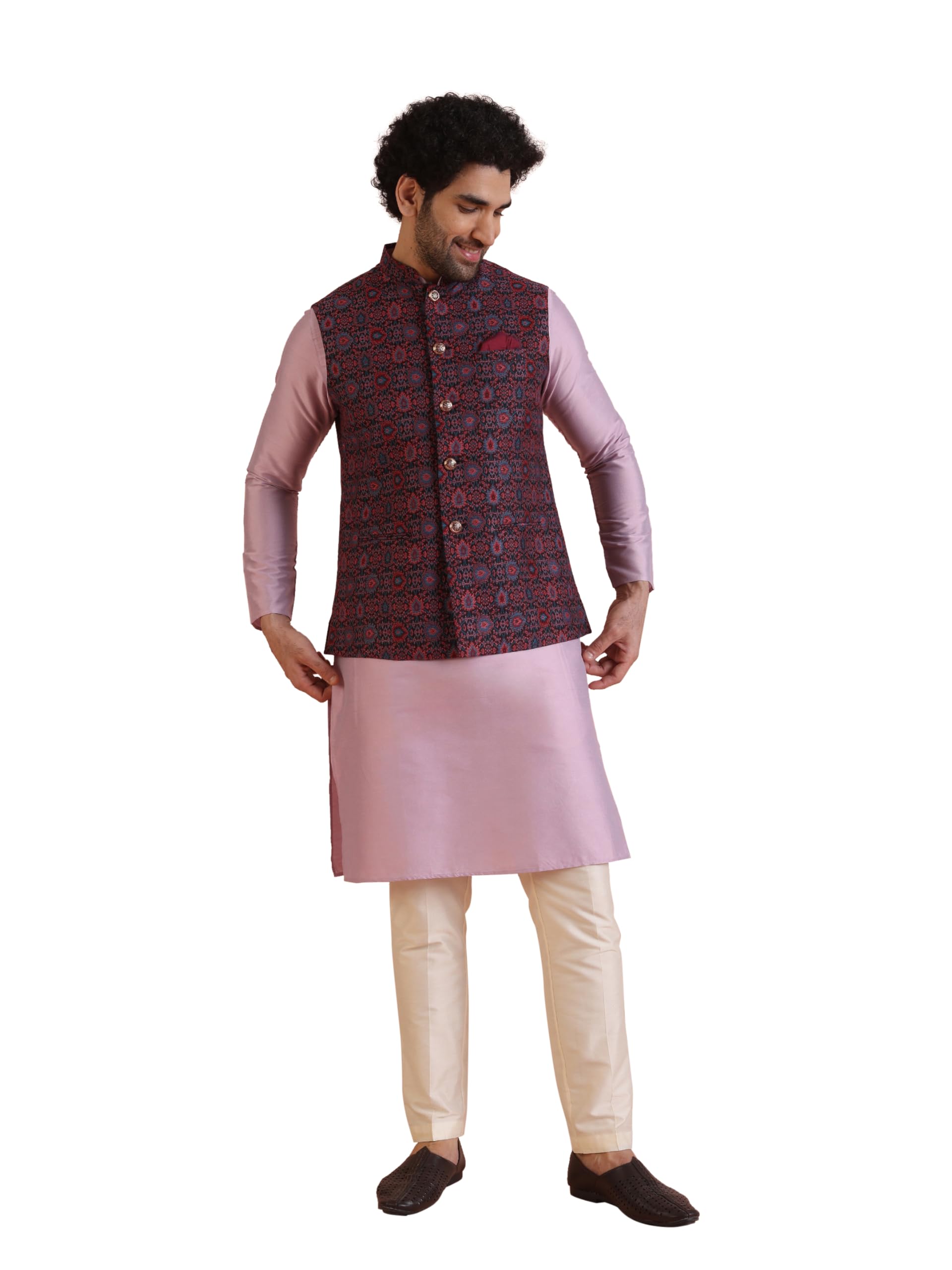 Kisah Men's Kurta Jacket Trouser Set, Multi Cotton Blend, Mandarin Collar Woven Design Regular Fit Long Sleeves (L)