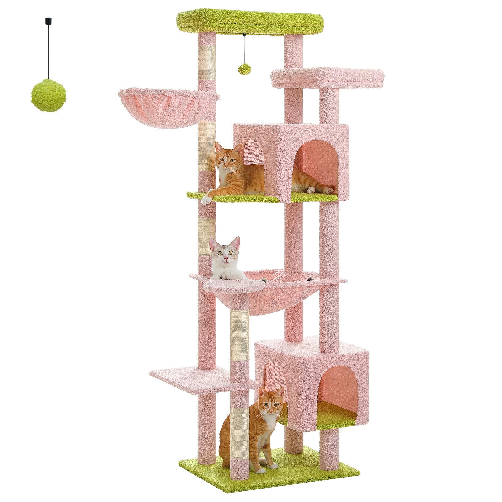 PAWZ Road 175cm Cat Tree for Large Cats, Multi-Level Tower With Sisal Scratching Post, 2 Spacious Cozy Condos, 2 Hammocks and Top Perch for Indoor Cats, Pink - Pink