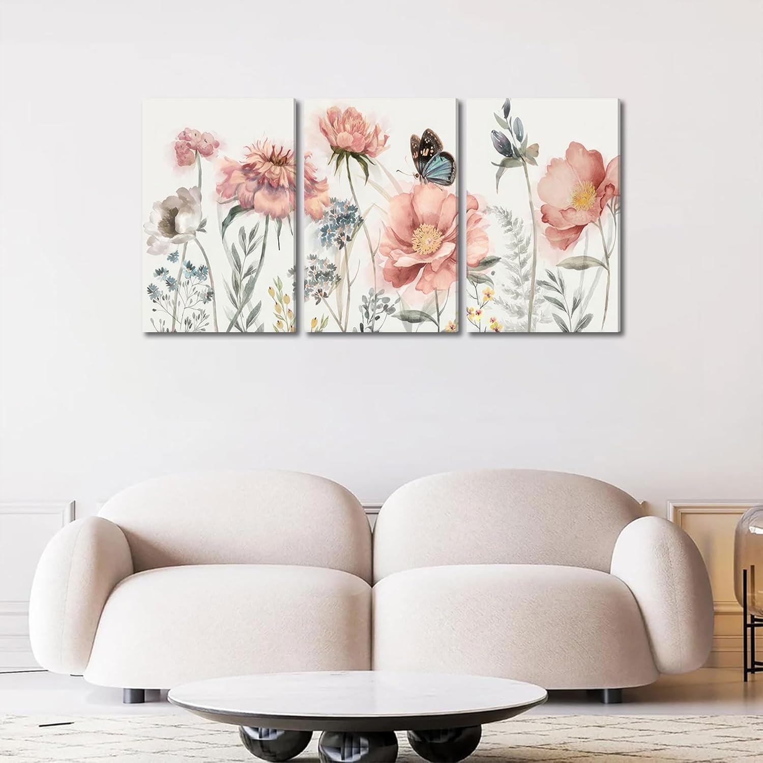 3pcs Pink Peony Floral Canvas Wall Art Butterfly Blossom Wall Decor Pictures Watercolor Bouquet Posters Prints For Living Room Classroom Bedroom Decoration Prepare To Hang