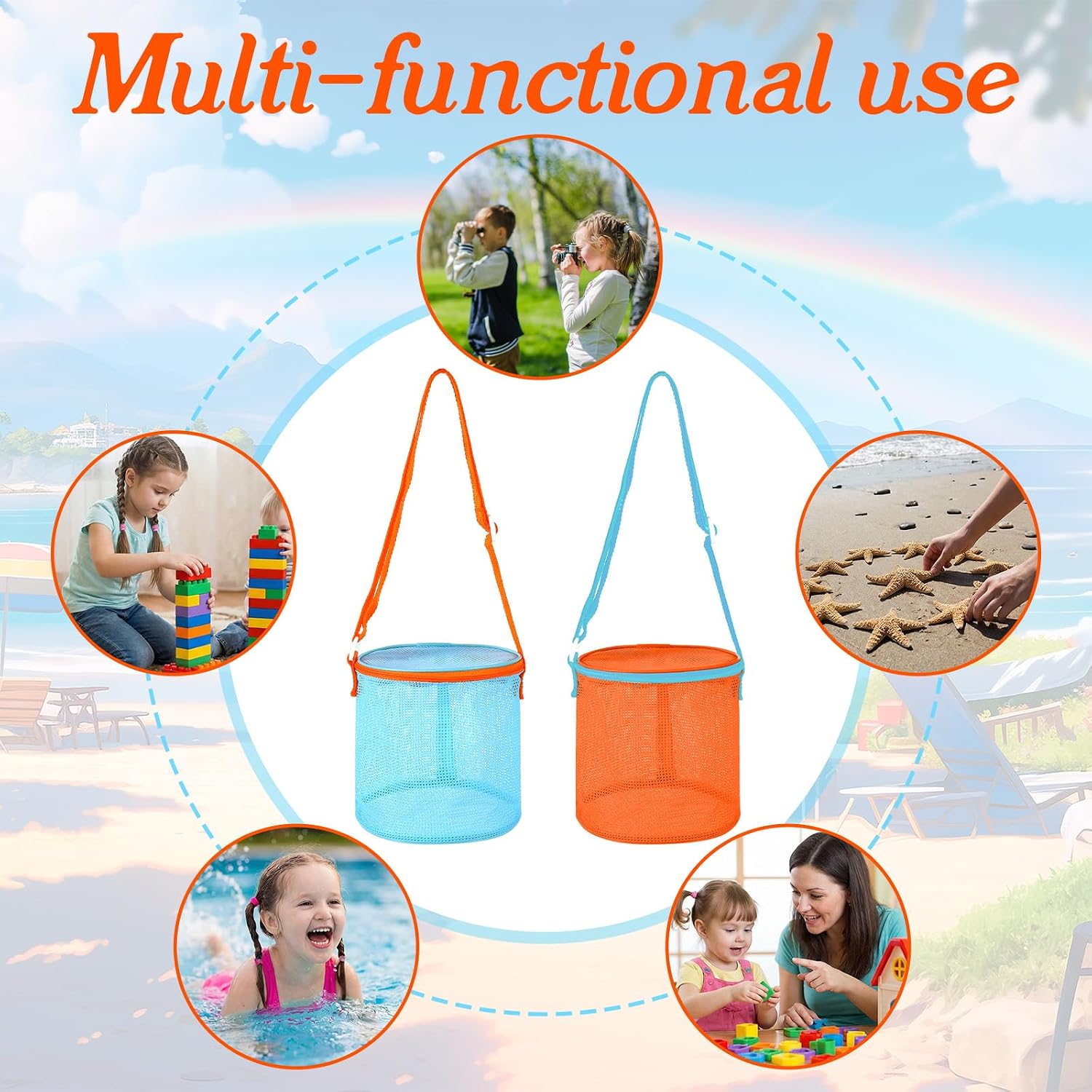 2pcs Shell Bags for Beach with Adjustable Strap - Quick Dry Seashell Bag for Seashell Collecting - Shell Collecting Bag the Beach Must Haves Sand Box Toy Bag