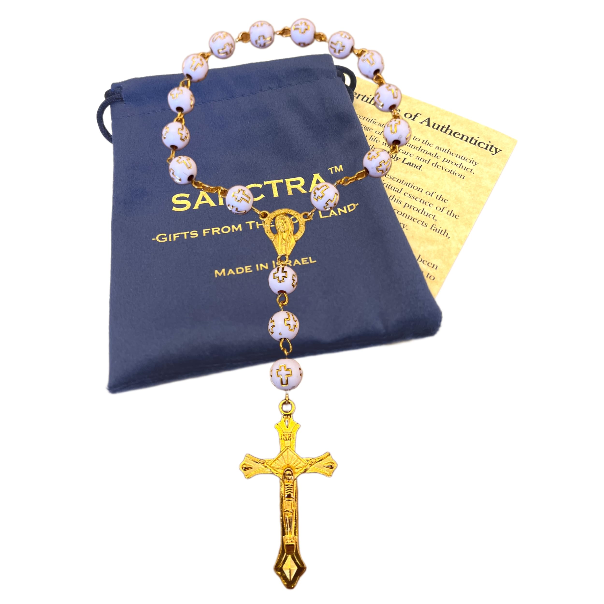 Rosario da appendere alla porta, fatto a mano e benedetto in Terra Santa, rosario con medaglia e crocifisso, sacchetto regalo e certificato di autenticità, croce da appendere alla porta