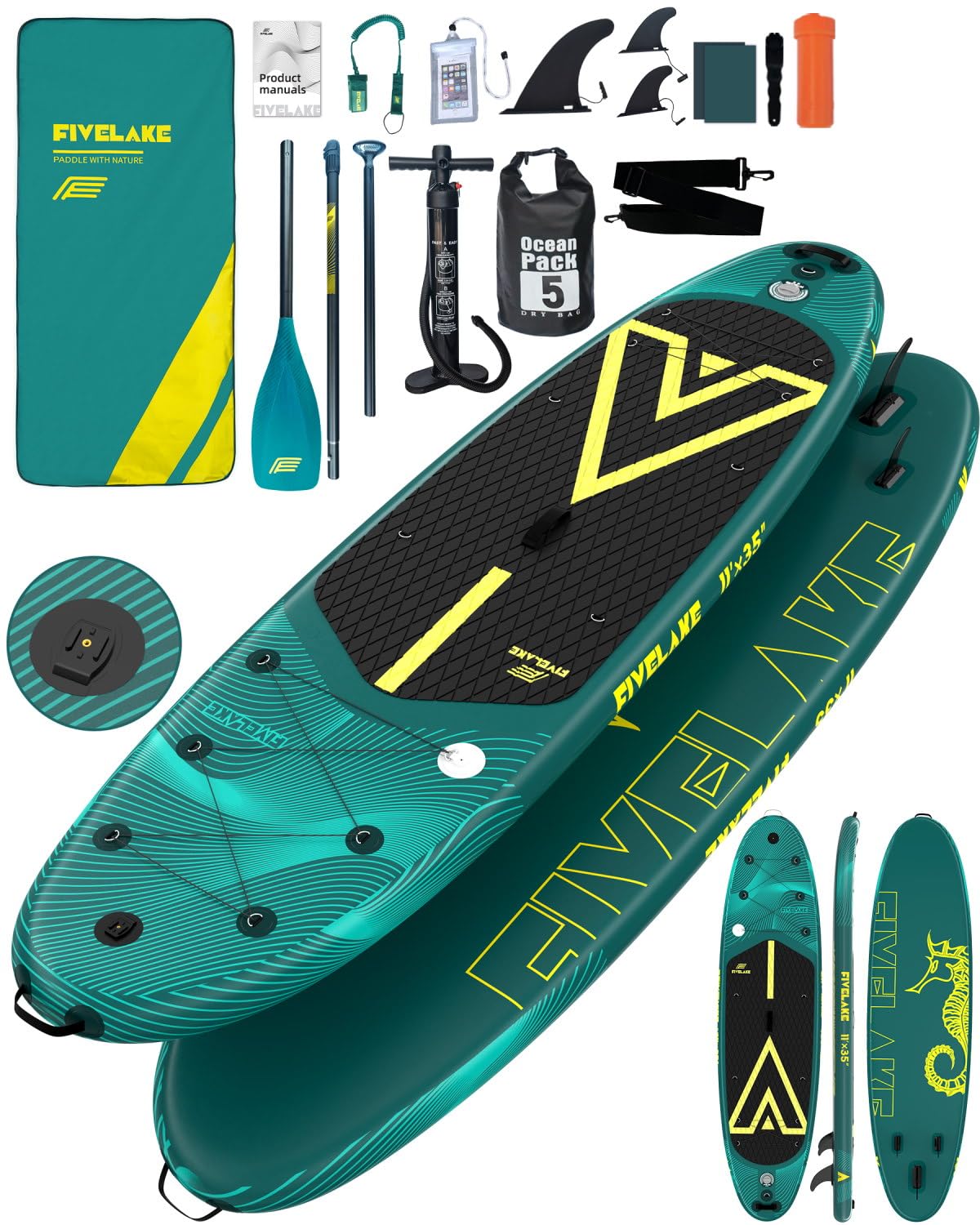 FIVELAKE Tavola gonfiabile per adulti, 335 cm, con accessori per paddleboard SUP, pagaia regolabile, pompa, zaino da viaggio, guinzaglio, borsa impermeabile