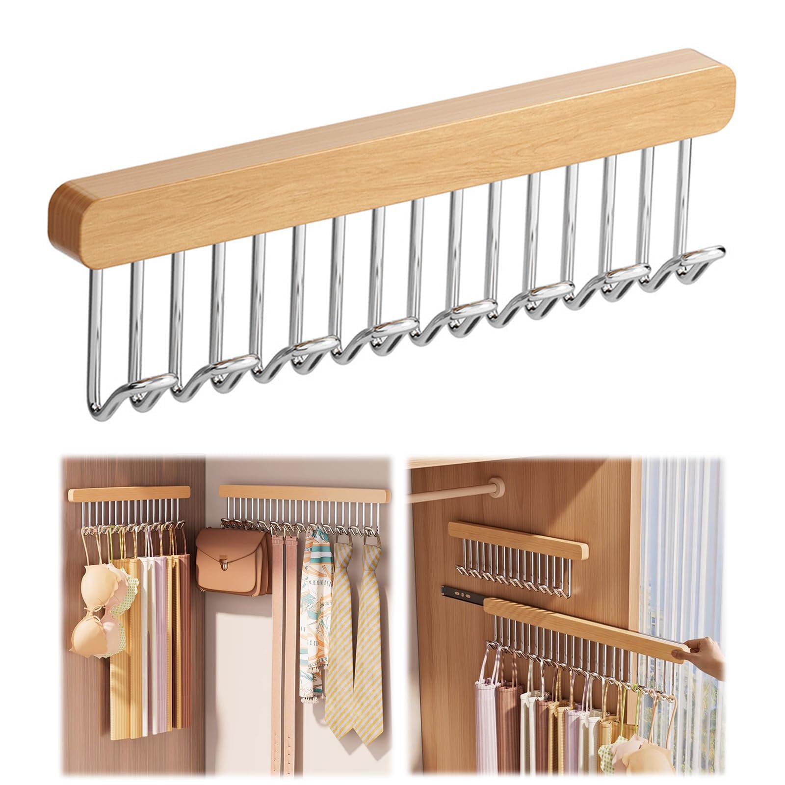 Pull Out Belt Hanger for Closet, Bra Organizer for Wardrobe, Wooden Tank Top Bra Hanger, Space Saving Coat Hooks Wall Mounted Hanging Organizer for Tie Belt Scarf Camisole (12 Hooks, Left Pull)-image-4