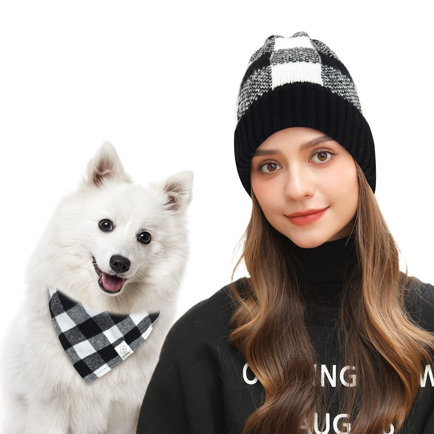 E-Clover Christmas Dog Bandanas Matching Owner Beanie Plaid Dog Bandana Bibs with Knit Hat for Medium Large Dogs Mom Dad Gifts White Black