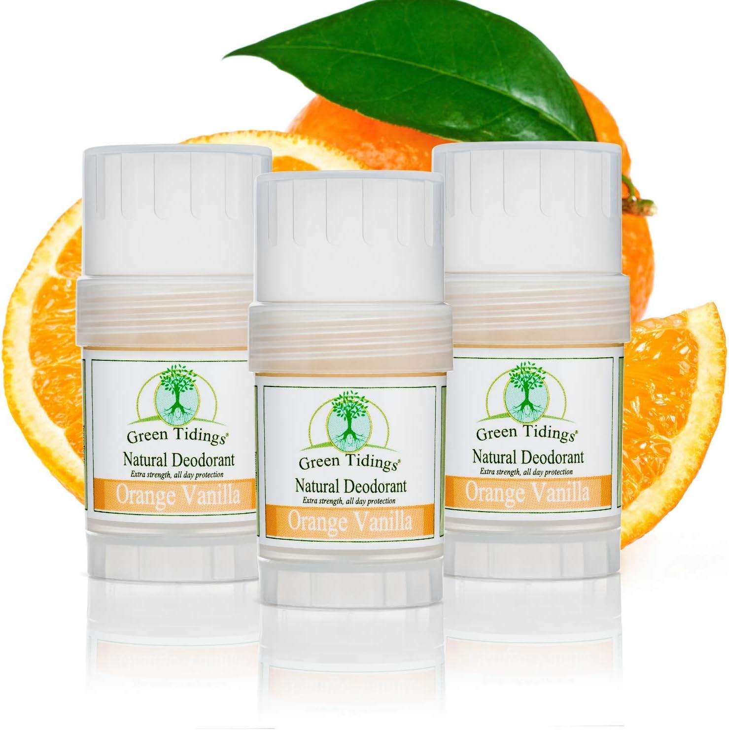 Green Tidings Natural Deodorant - Orange Vanilla 1 oz. (3 Pack) - Extra Strength, All Day Protection - Vegan - Cruelty-Free - Aluminum Free -Organic- Paraben Free - Non-Toxic - Solid Lotion Bar Tube