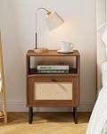 Masupu Rattan Nightstand,Modern Boho Night Stand Wood Side Table with Storage Drawer and Open Shelf,Small Bedide End Table for Bedroom,Living Room,Office,Walnut Brown