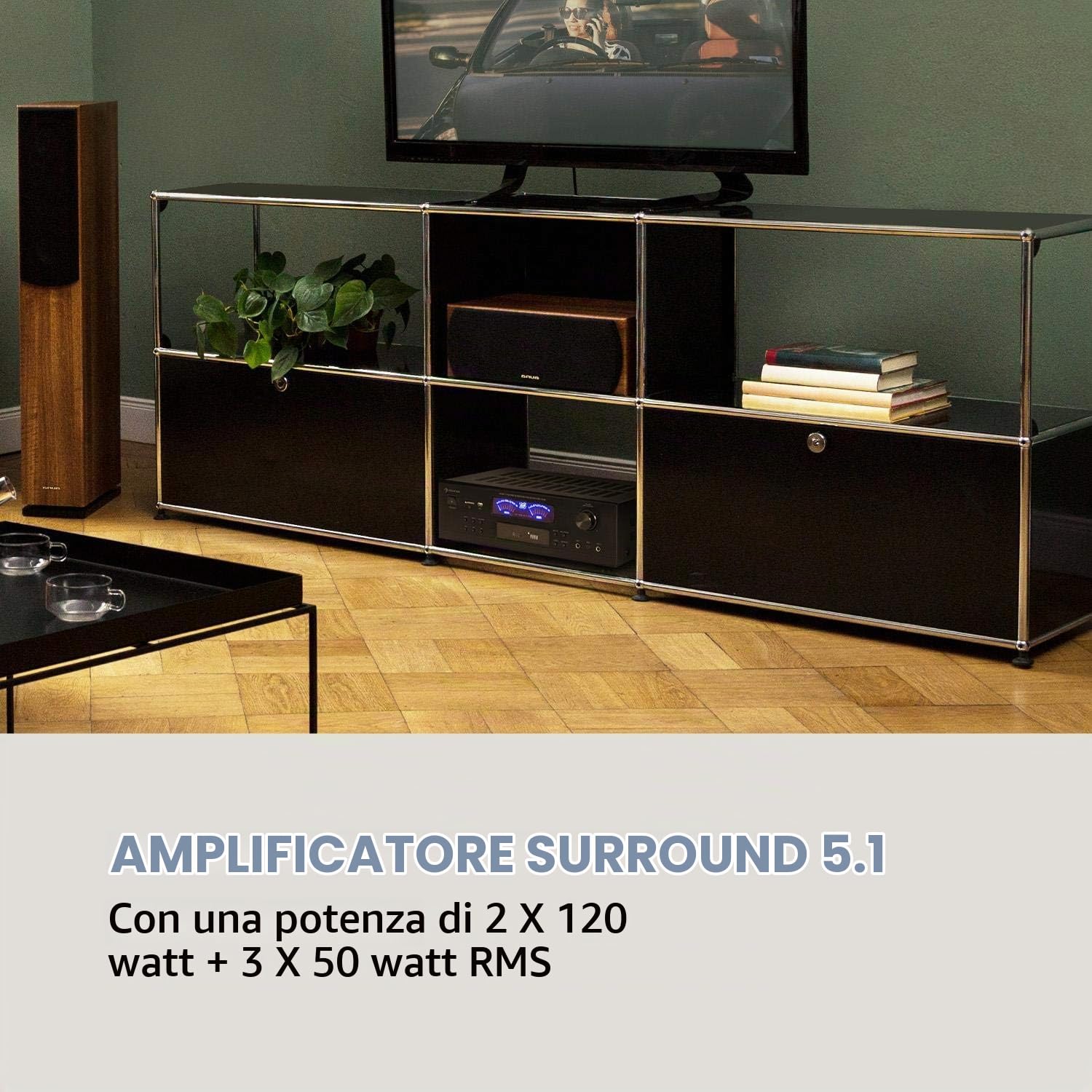 auna AMP 5100 BT 5.1 - Amplificatore, 2 x 120 Watt + 3 x 50 Watt RMS, Bluetooth, USB, SD, 2 Connessioni Microfono, Ingresso AUX, 2 VU-Meter, Nero