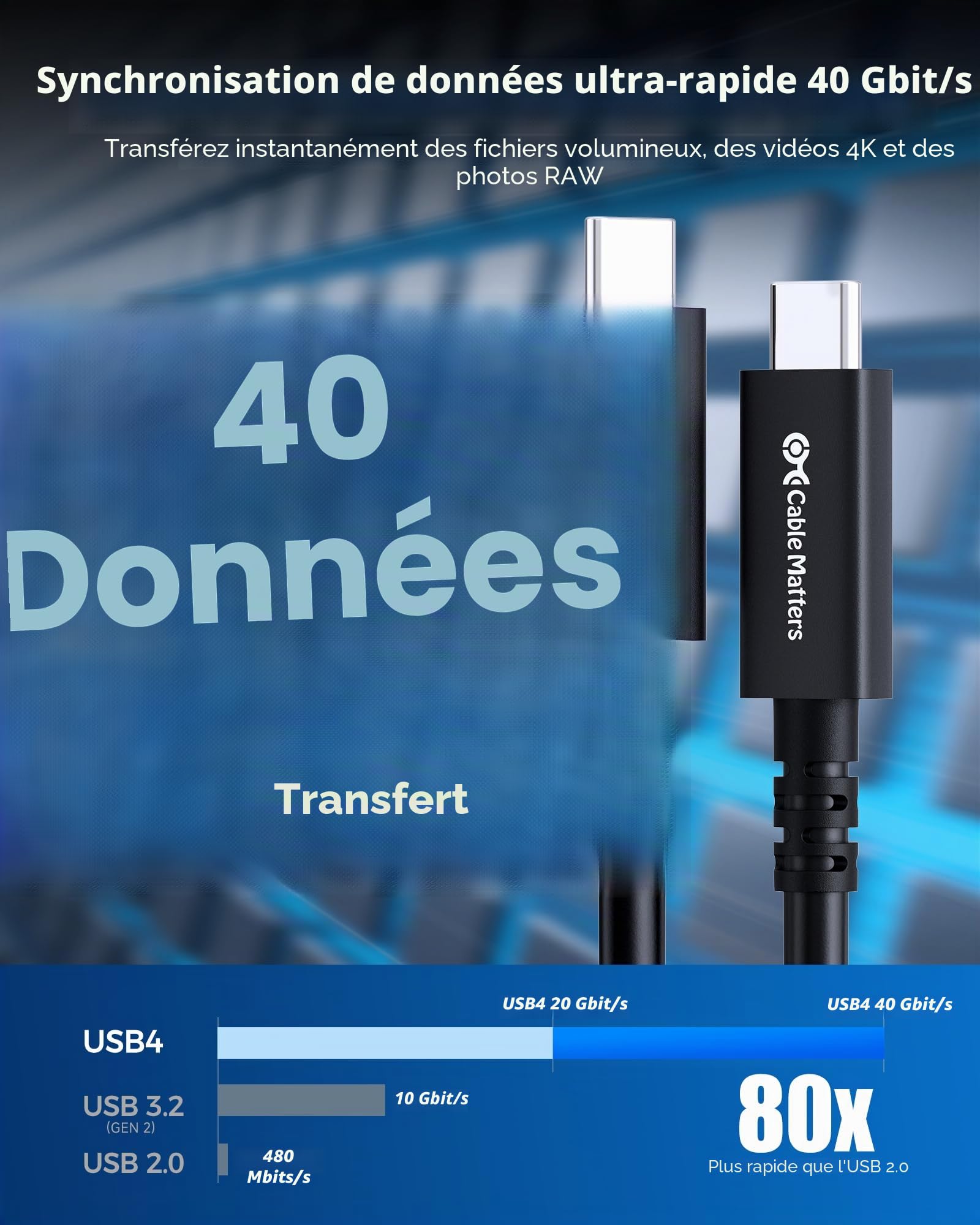 Cable Matters 8K 100 W Câble USB 4 Type C, Câble USB4, Actif 40Gbit/s, 3m