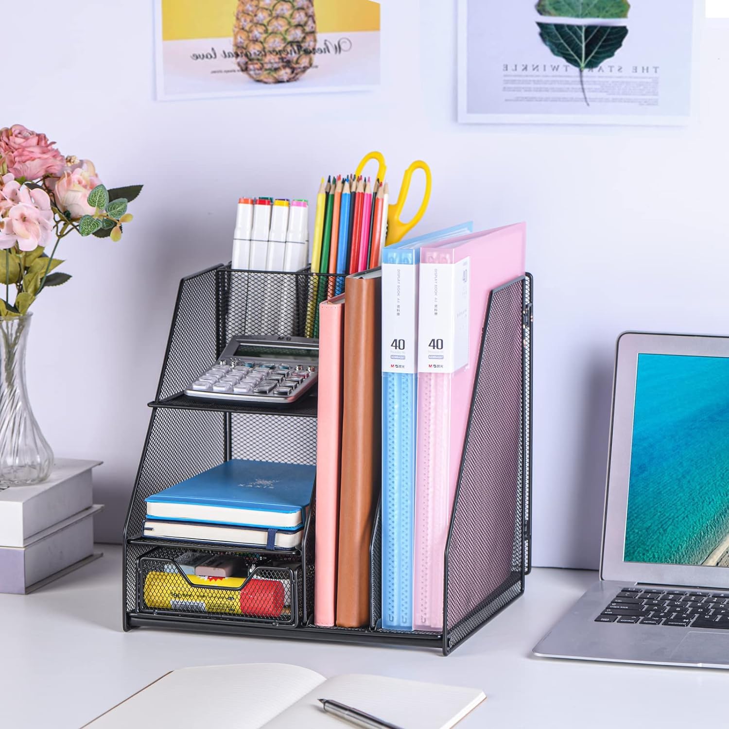 Metalowy organizer na biurko | Czarny Czerwony 10,24 * 11,02 cala na biurko: przechowywanie w biurze(Black)