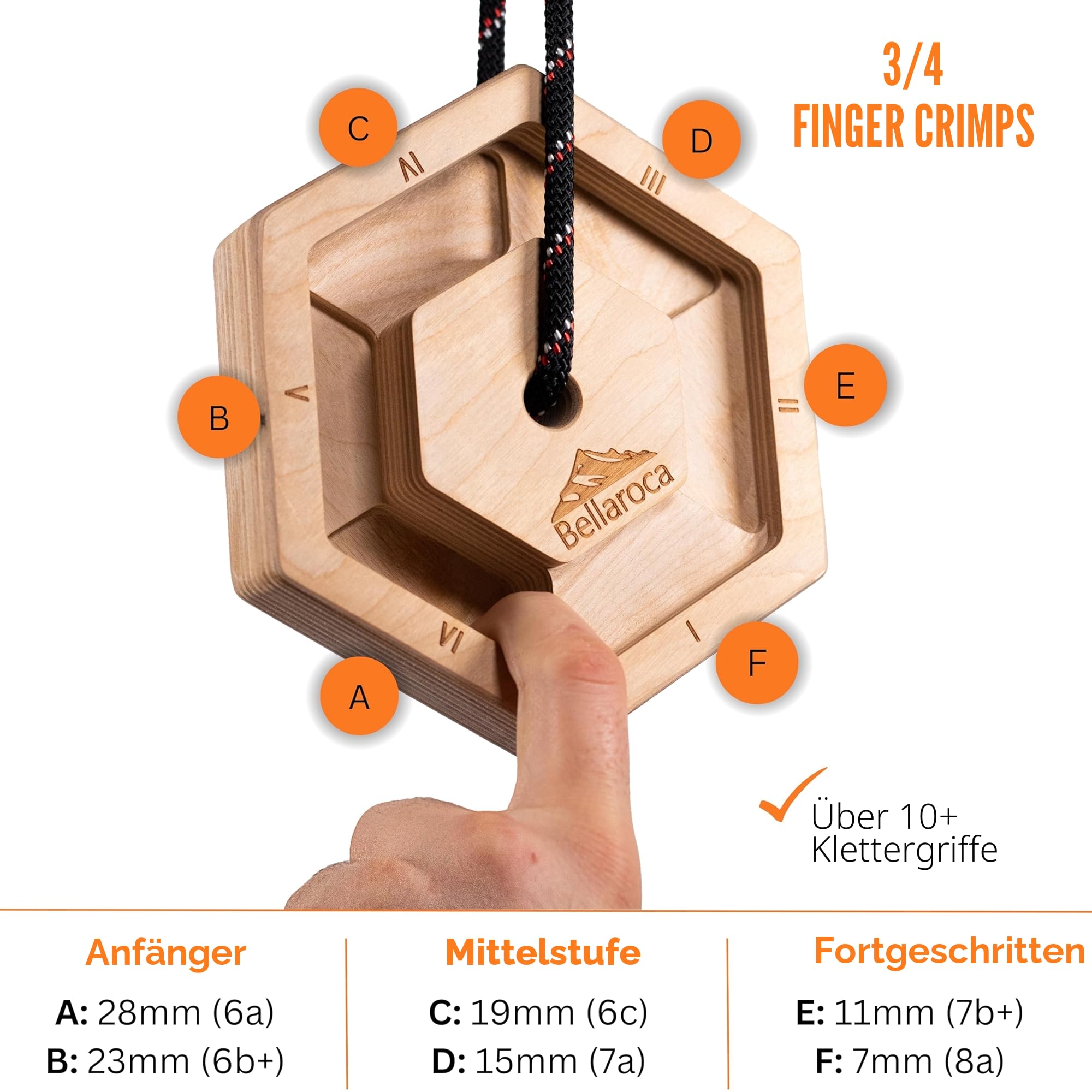 Bellaroca® Tragbares Hangboard für Klettern und Bouldern – Kletterboard aus Holz mit Verstellbaren Gummi-Einsätzen, 12+ Griffvarianten und Fingertrainer für Bouldertraining