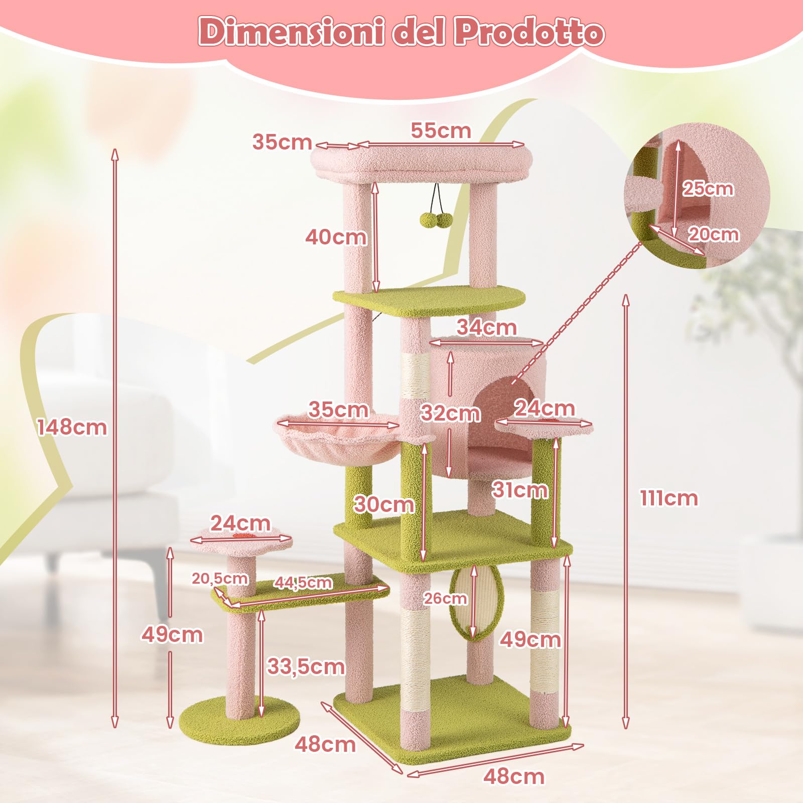 COSTWAY Tiragraffi per Gatto Alto 150 cm Stile Floreale, Albero Tiragraffi Gatti con Pali in Sisal, Piattaforme, Grotta e Pompon, Torre Gatto Rivestito in Peluche, Rosa e Verde