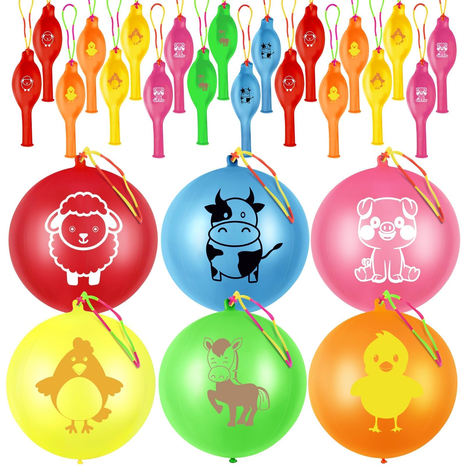 36 Pcs Farm Animals Punch Balloons with Rubber Band Handle Heavy Duty Farm Animals Themed for Kids Party Favors