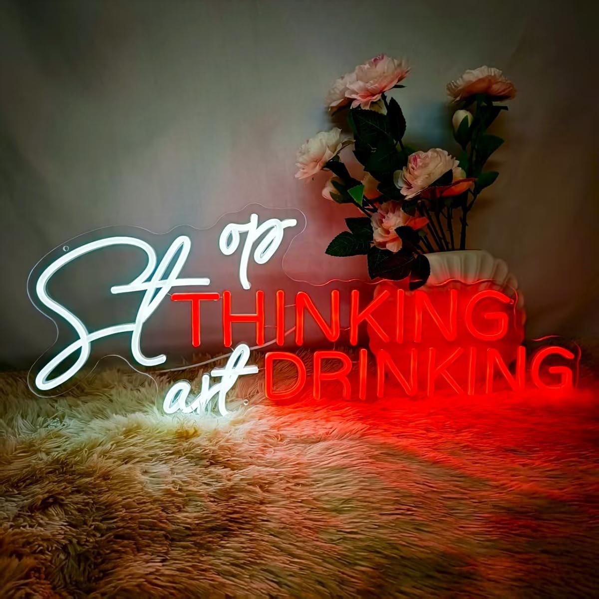25x10inch Large Stop Thinking Start Drinking Neon Sign With Remote Dimmer, Beauty Bar Signs For Wall Decor, LED Light Up Sign For Home Bar Man Cave Birthday Party Club Restaurant