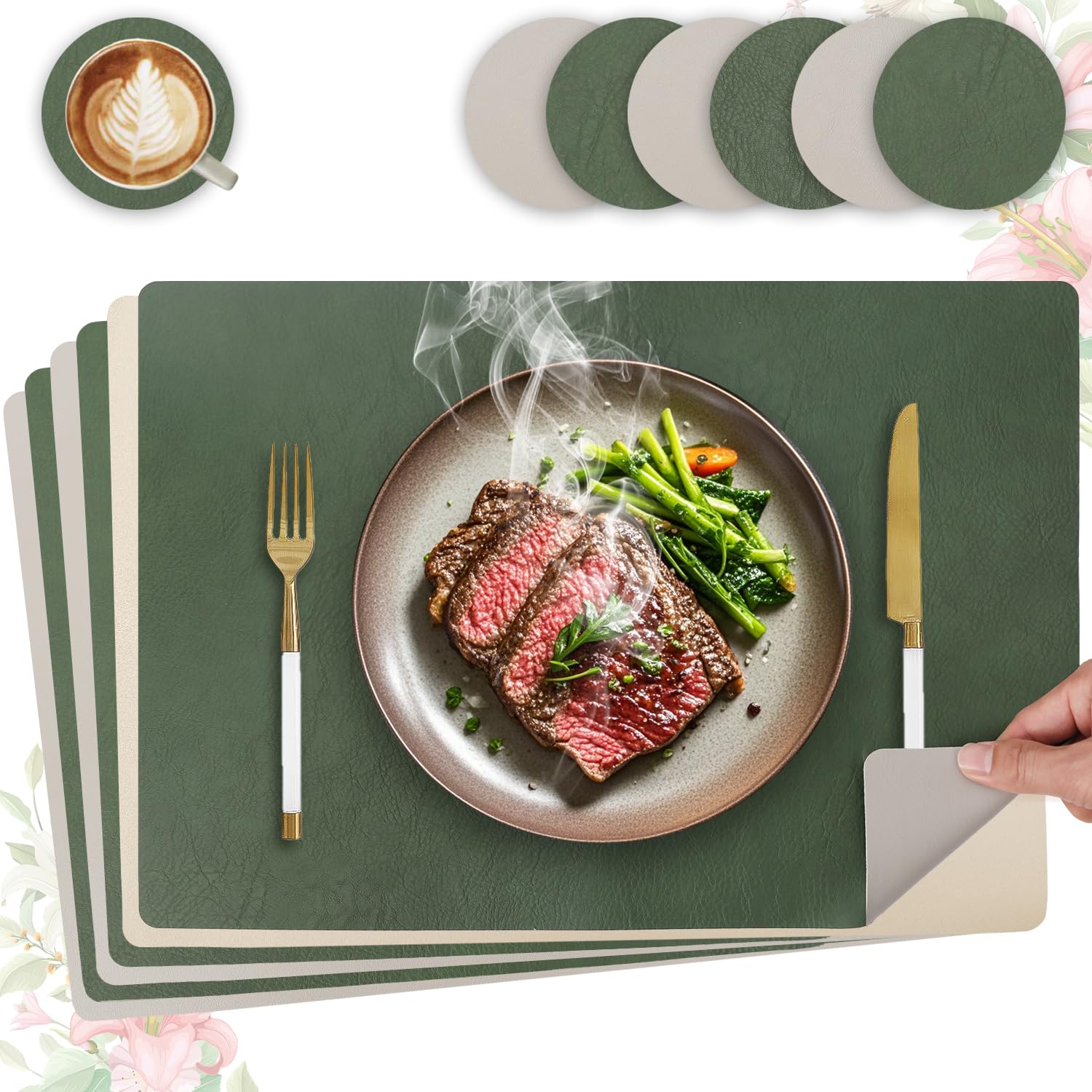 Heli MAIO Tischsets und Untersetzer 4er Set,Platzsets Abwaschbar und Doppelseitigen rutschfest Platzdeckchen,Tischset Leder Kunstleder,Platzdeckchen wasserdicht