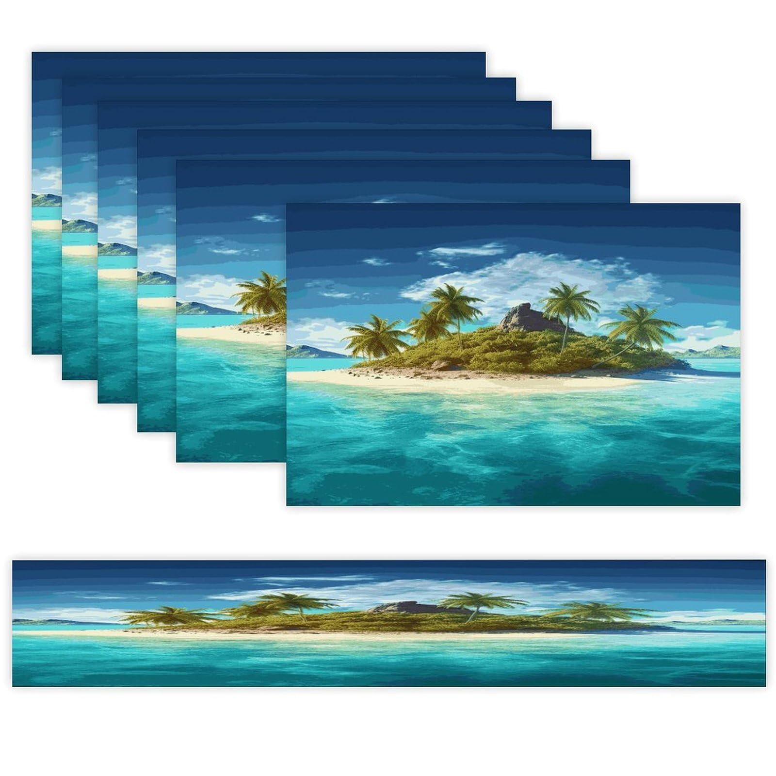 Tropical Island Table Runner and Placemats Set of 6 Wipe Clean Heat Resistant Table Mat with Table Runner Decorations Flax Linen Place Mat Set for Home Kitchen Party Supplies