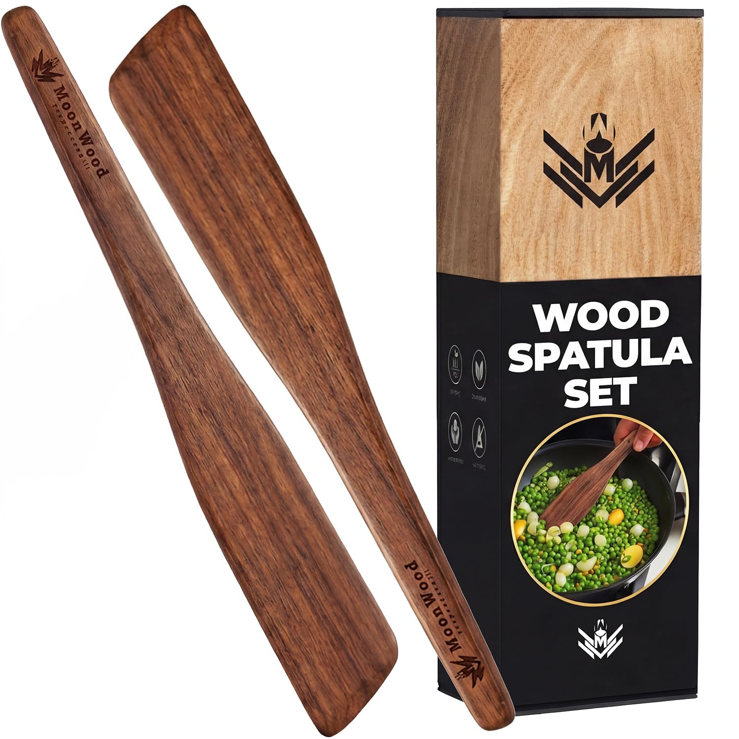 Wooden Teak Spatula Set (2-Pack), 12 Inch Flat Turner & Scraper for Cast Iron, Eggs and Pancakes – Heat-Resistant Natural Wood Cooking Utensils