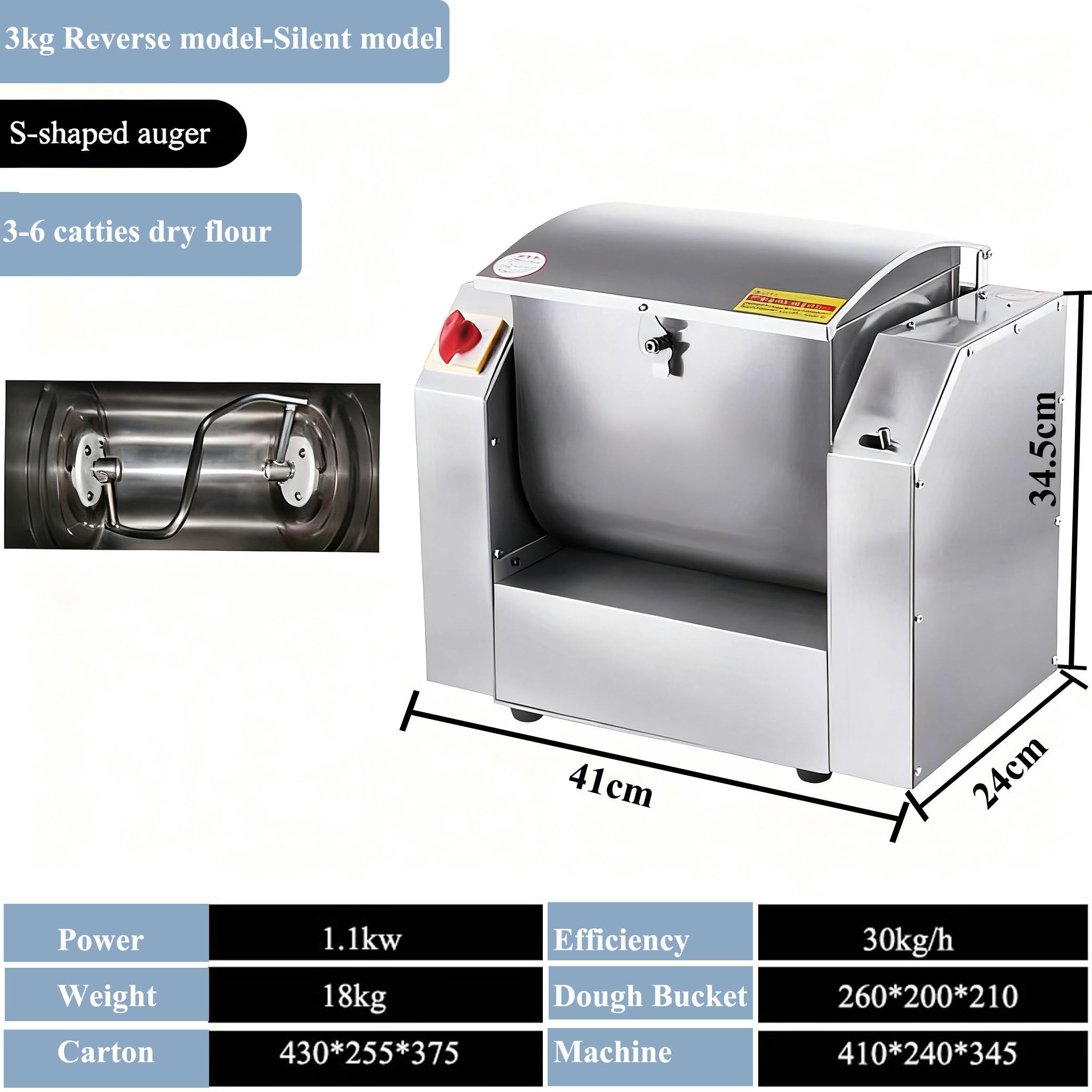 1100w/1500w Miscelatore Di Pasta Commerciale,Impastatrice Professionale a Spirale Acciaio Inox,Timer,Capacità Da 3 a 10 Kg,Per Uso Commerciale E Domestico 3KG