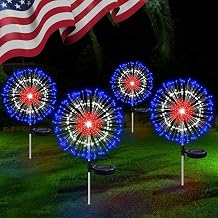 4 Pack 4th of July Decorations Solar Firework Lights, 186 LED Red White and Blue Lights with 8 Lighting Modes, Solar Garden Stake Light for Outdoor Yard Pathway Patio Party Lawn Patriotic Decor