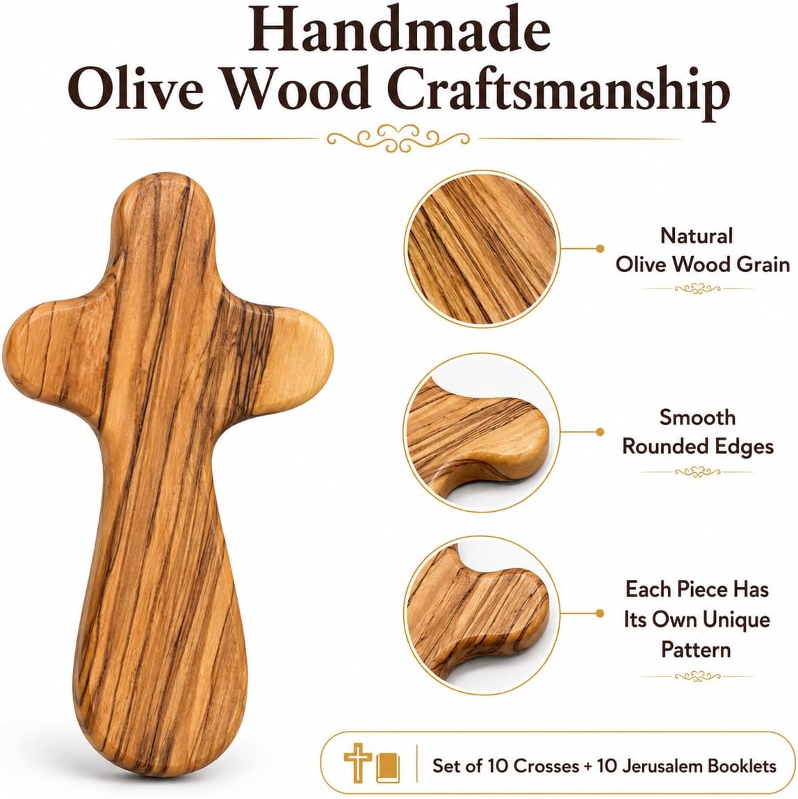 Zuluf Set of 10 Olive Wood Hand Held Comfort Crosses 3.7 Inch from Bethlehem, Palm Sunday Minister Cross, Lenten Holy Week Prayer Cross, Confirmation Baptism Church Gift with Certificate image 3