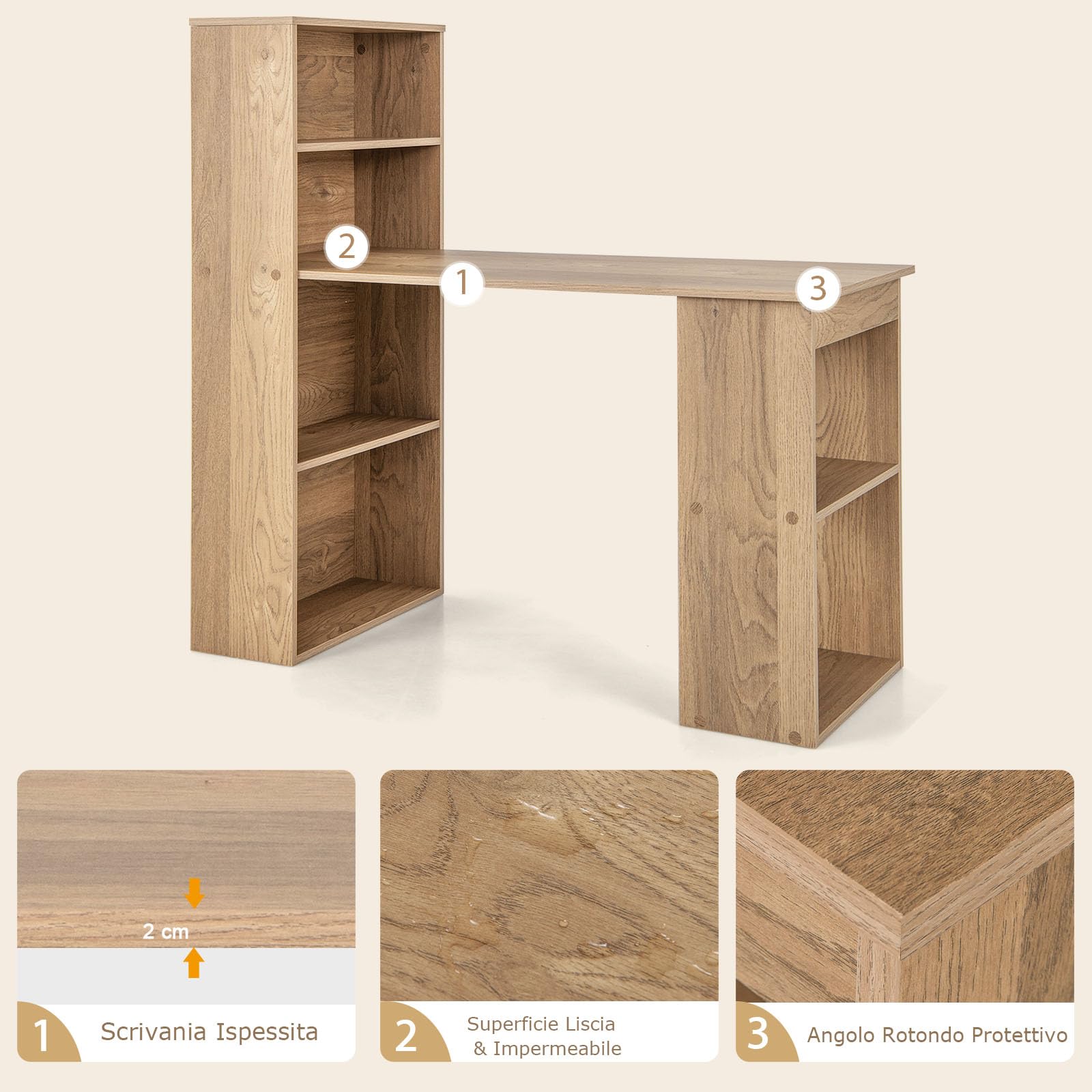 GYMAX Scrivania per Computer Reversibile da 121,5cm con 6 Ripiani, Scrivania con Libreria a Muro, Scrivania Moderna da Studio con Libreria per Casa e Ufficio, Design Salvaspazio (Natuale)